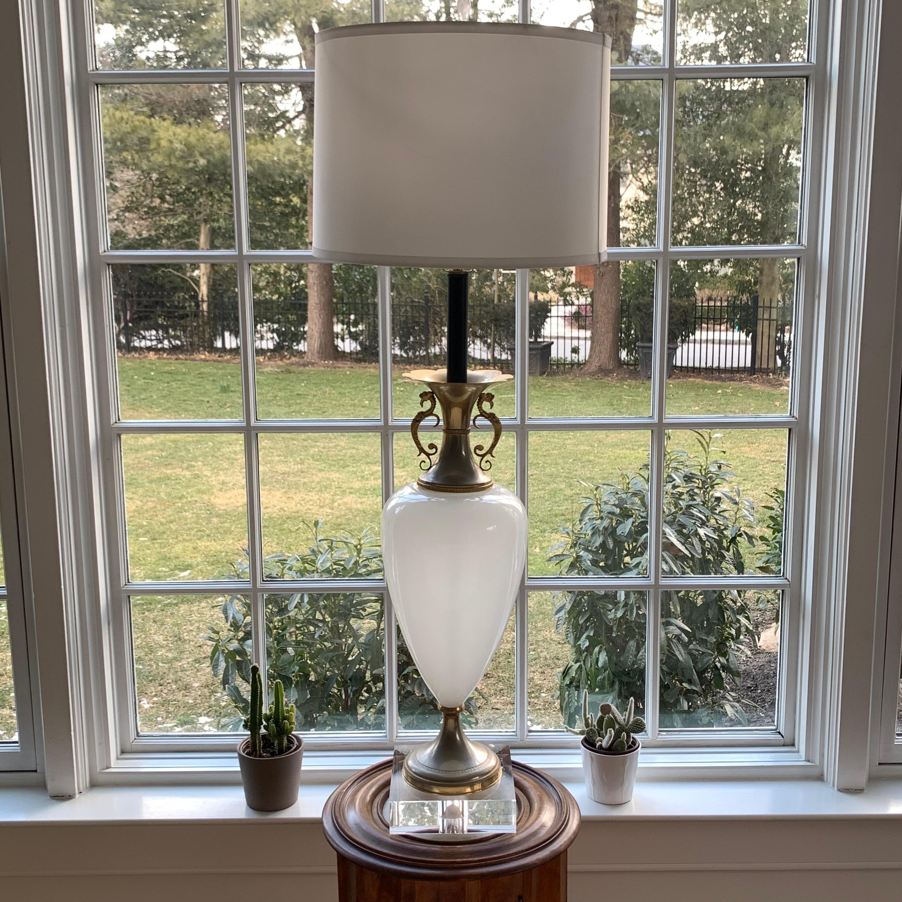 Tall White Opaline Table Lamp on Thick Square Lucite Base For Sale 4