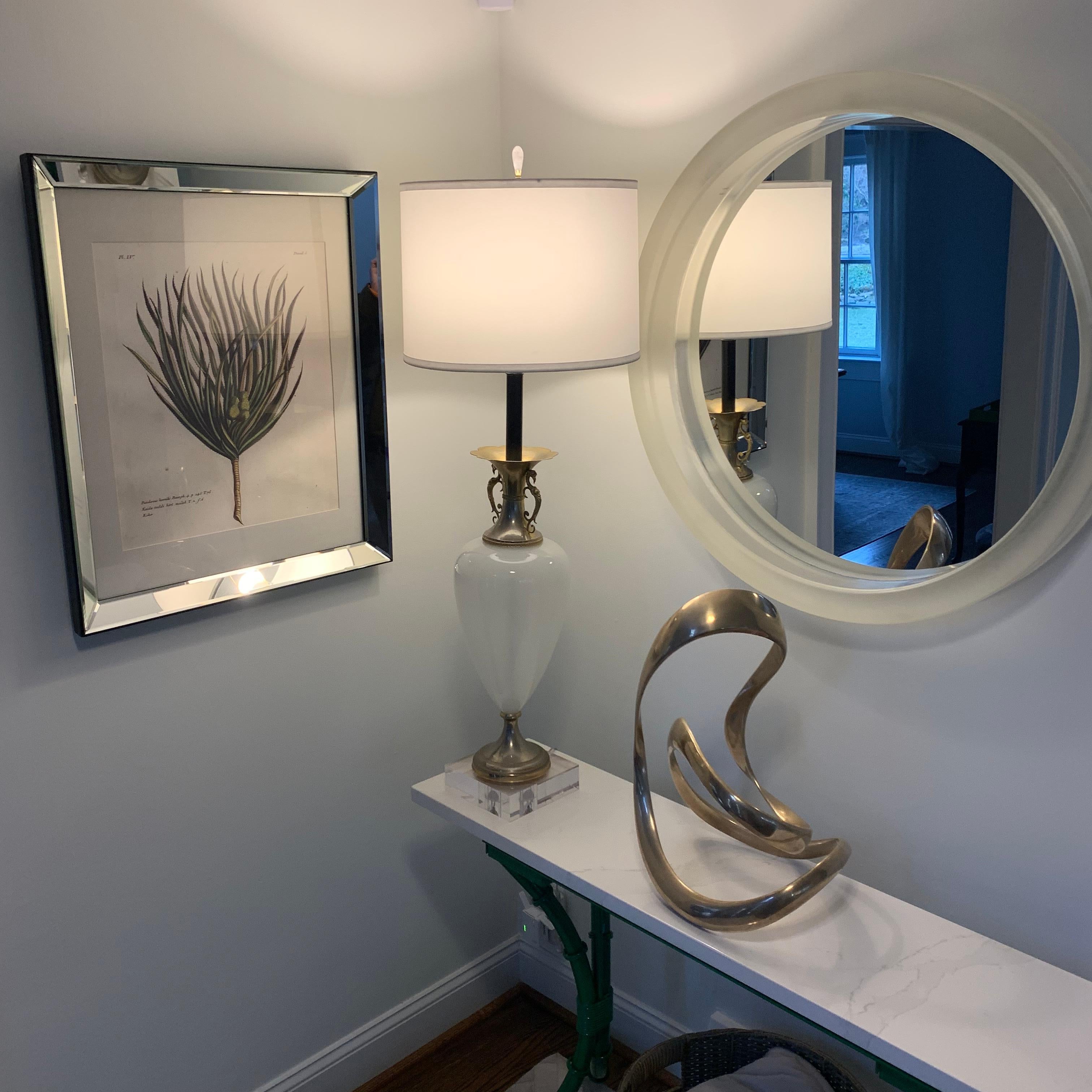 Tall White Opaline Table Lamp on Thick Square Lucite Base For Sale 5