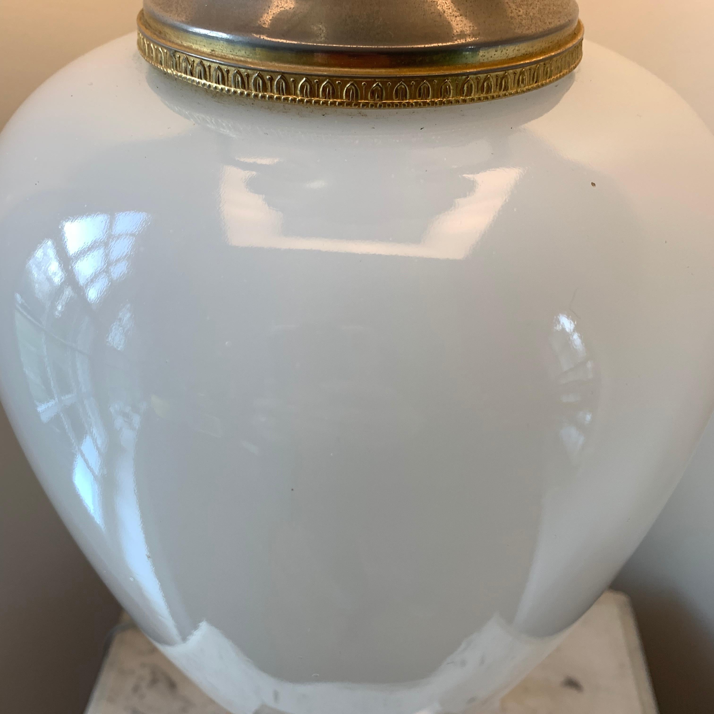 Tall White Opaline Table Lamp on Thick Square Lucite Base For Sale 9