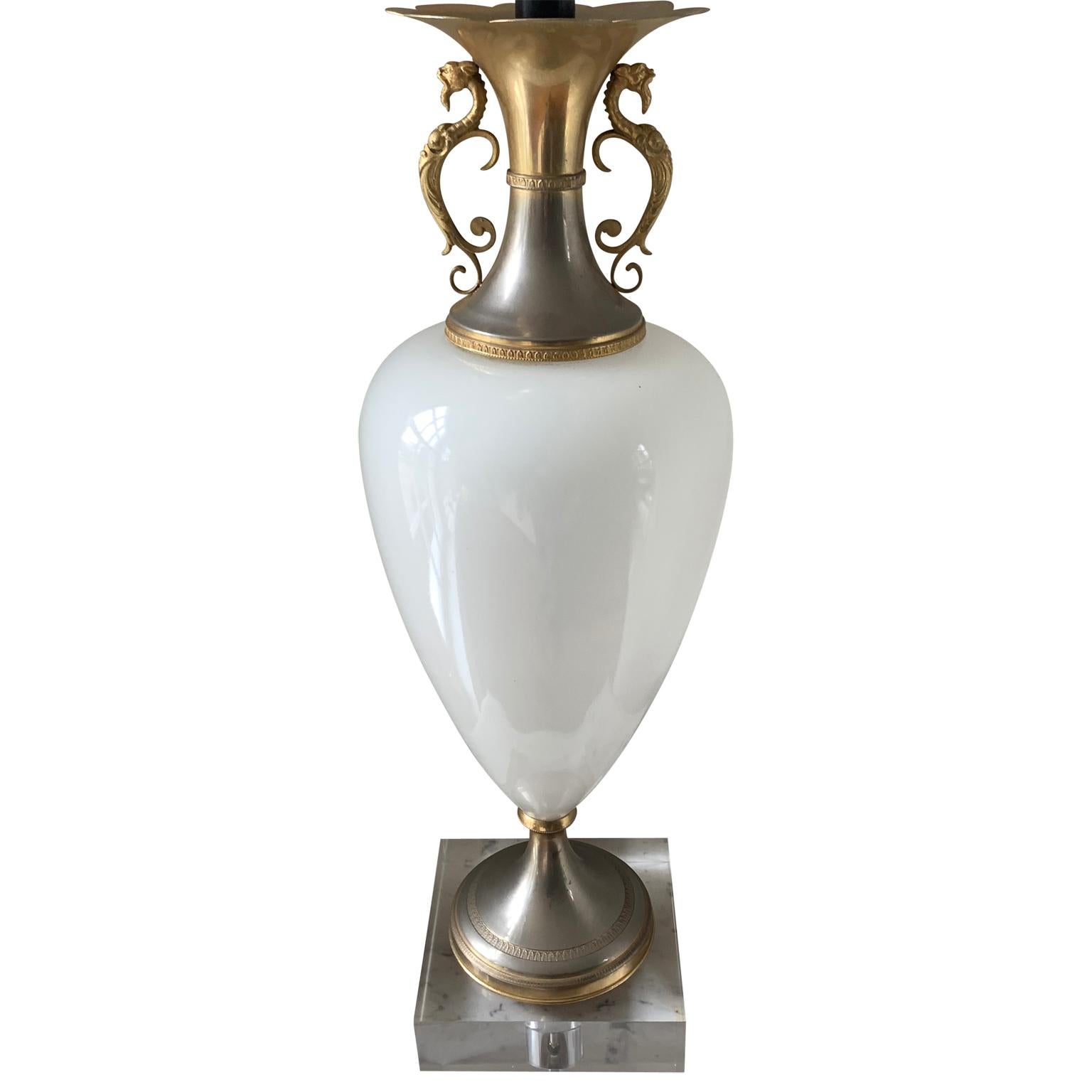 Tall white opaline table lamp on thick square Lucite base
Rock crystal finial in brass hardware. Newly re-wired.
Shade not included.

Measures: Height to top of socket is 24 inches.