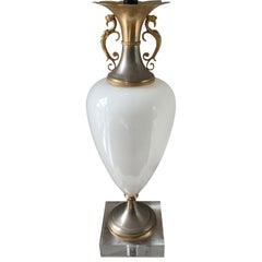 Tall White Opaline Table Lamp on Thick Square Lucite Base
