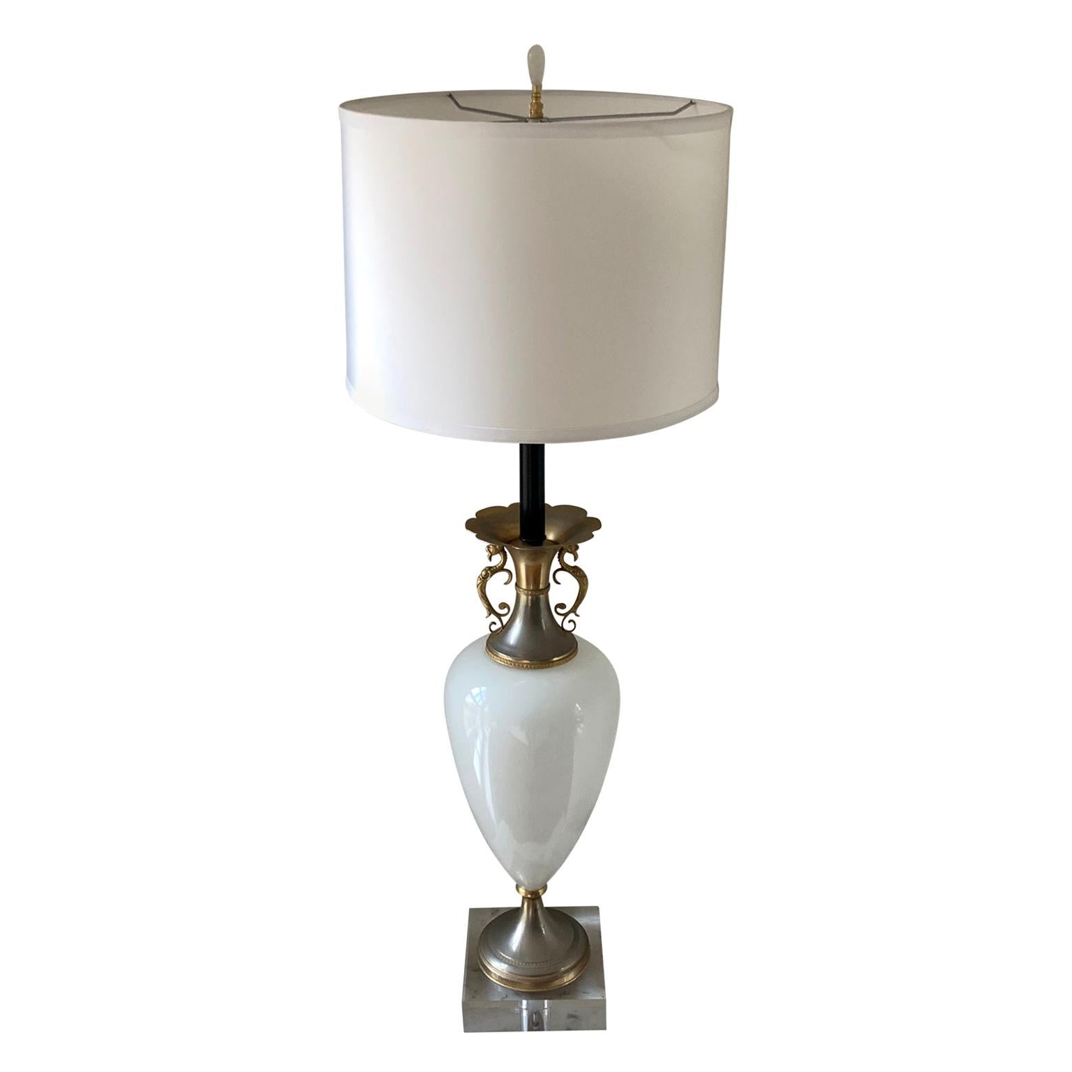 Tall White Opaline Table Lamp on Thick Square Lucite Base For Sale