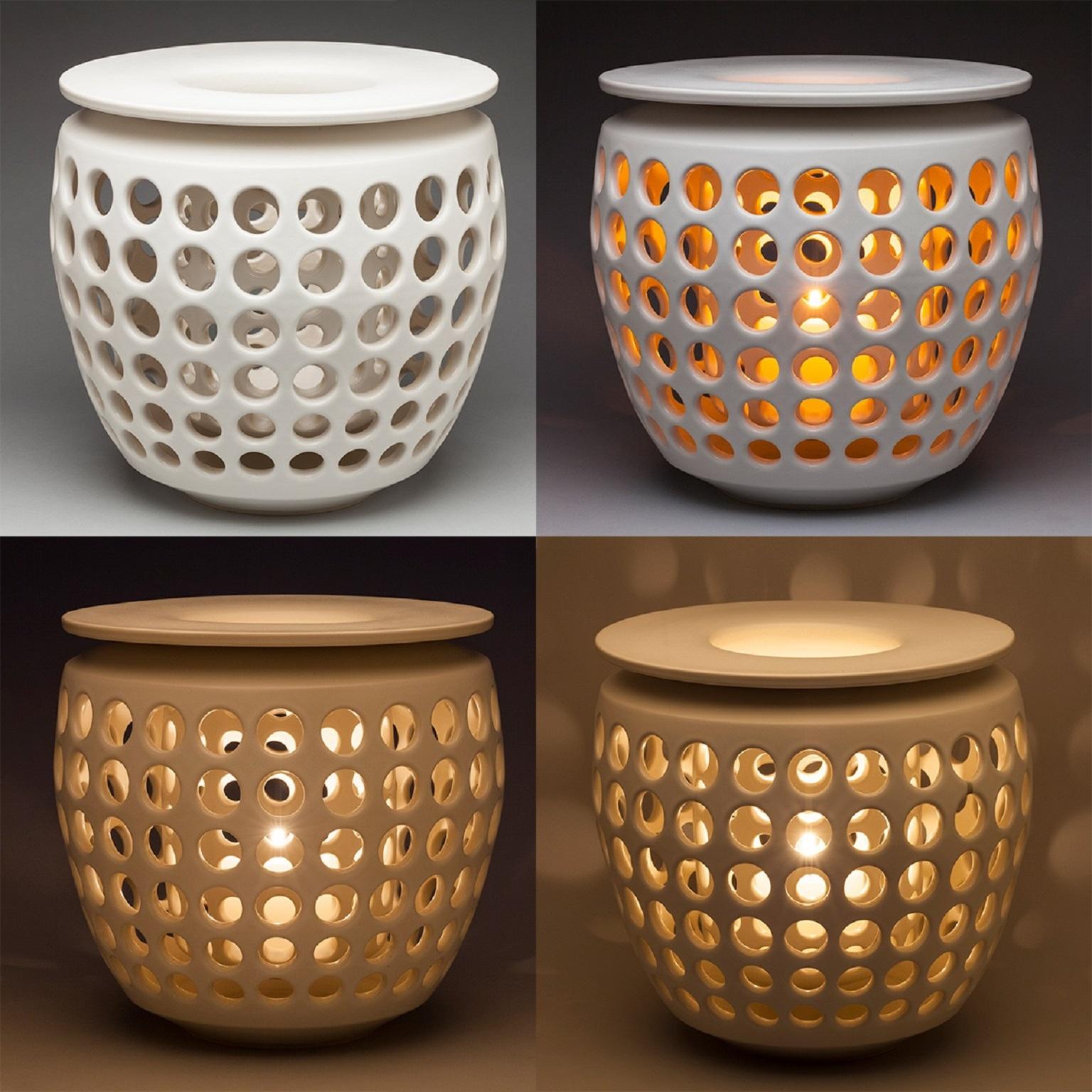 Mid-Century Modern Tall White Pierced Ceramic Candle Lantern