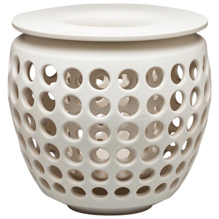 Tall White Pierced Ceramic Candle Lantern