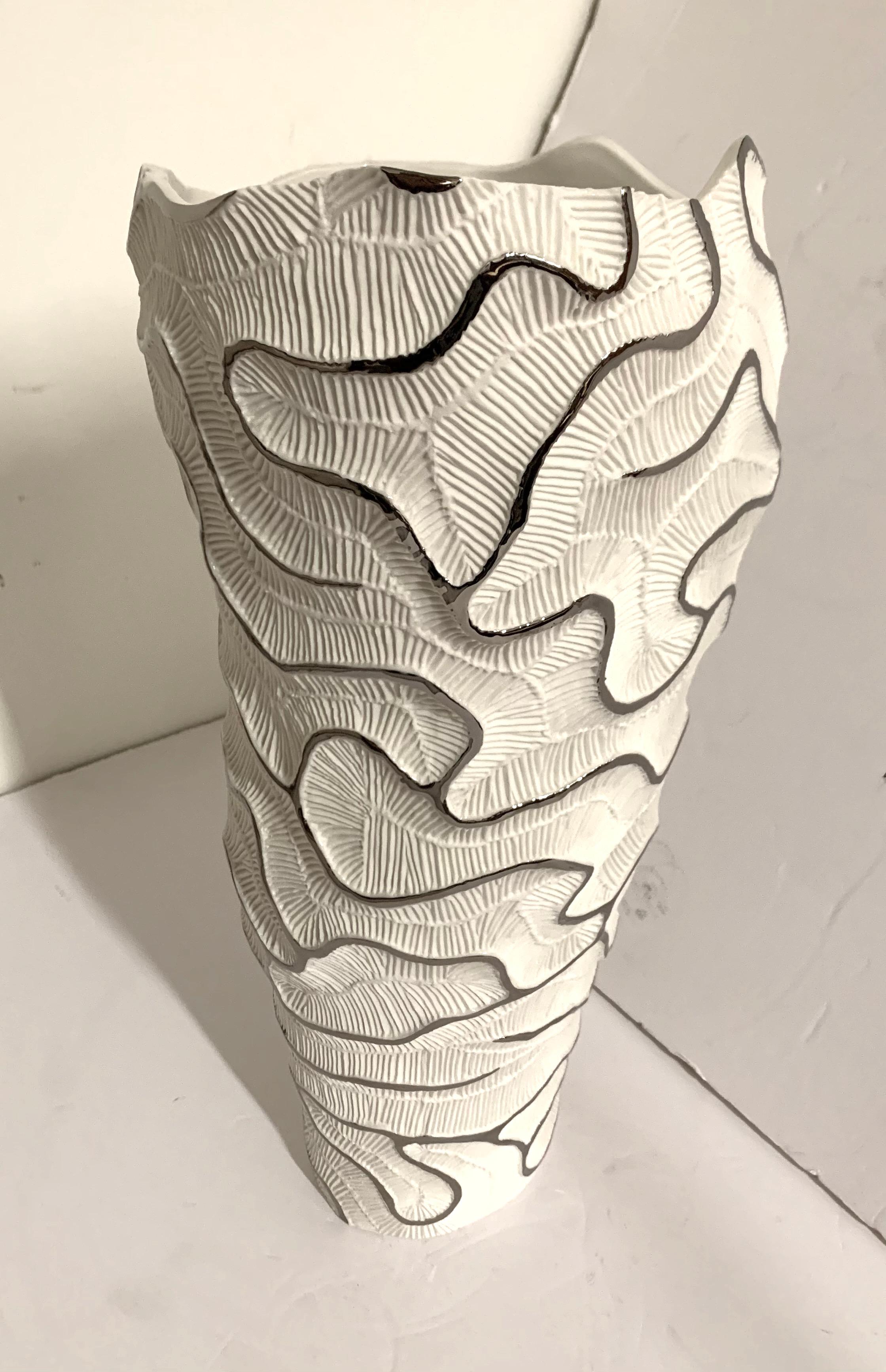 Italian Tall White Porcelain and Platinum Trim Vase, Italy, Contemporary
