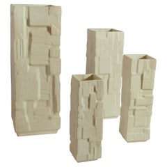 Tall White Porcelain Square Relief Vases