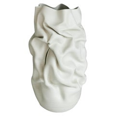 Tall White Slashed Crumpled Form, Unique Ceramic Sculpture Vessel N.60