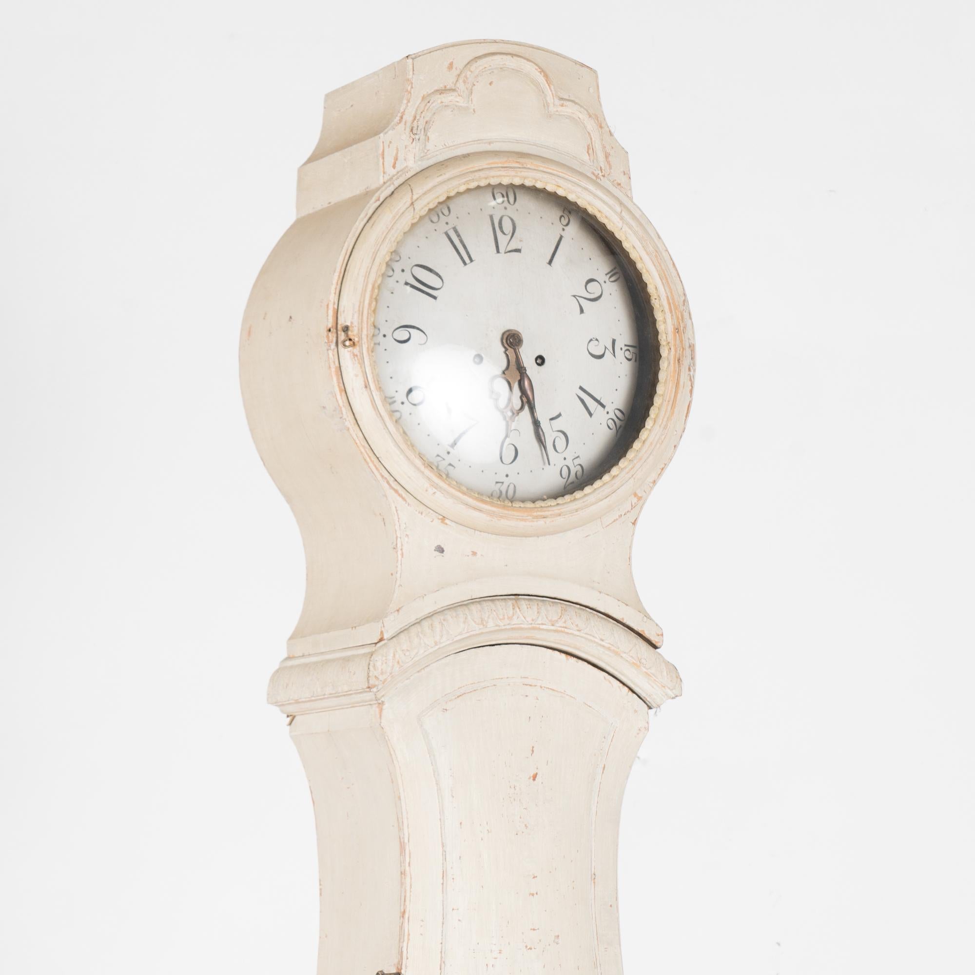 19th Century Tall White Swedish Pine Mora Grandfather Clock, circa 1840 For Sale