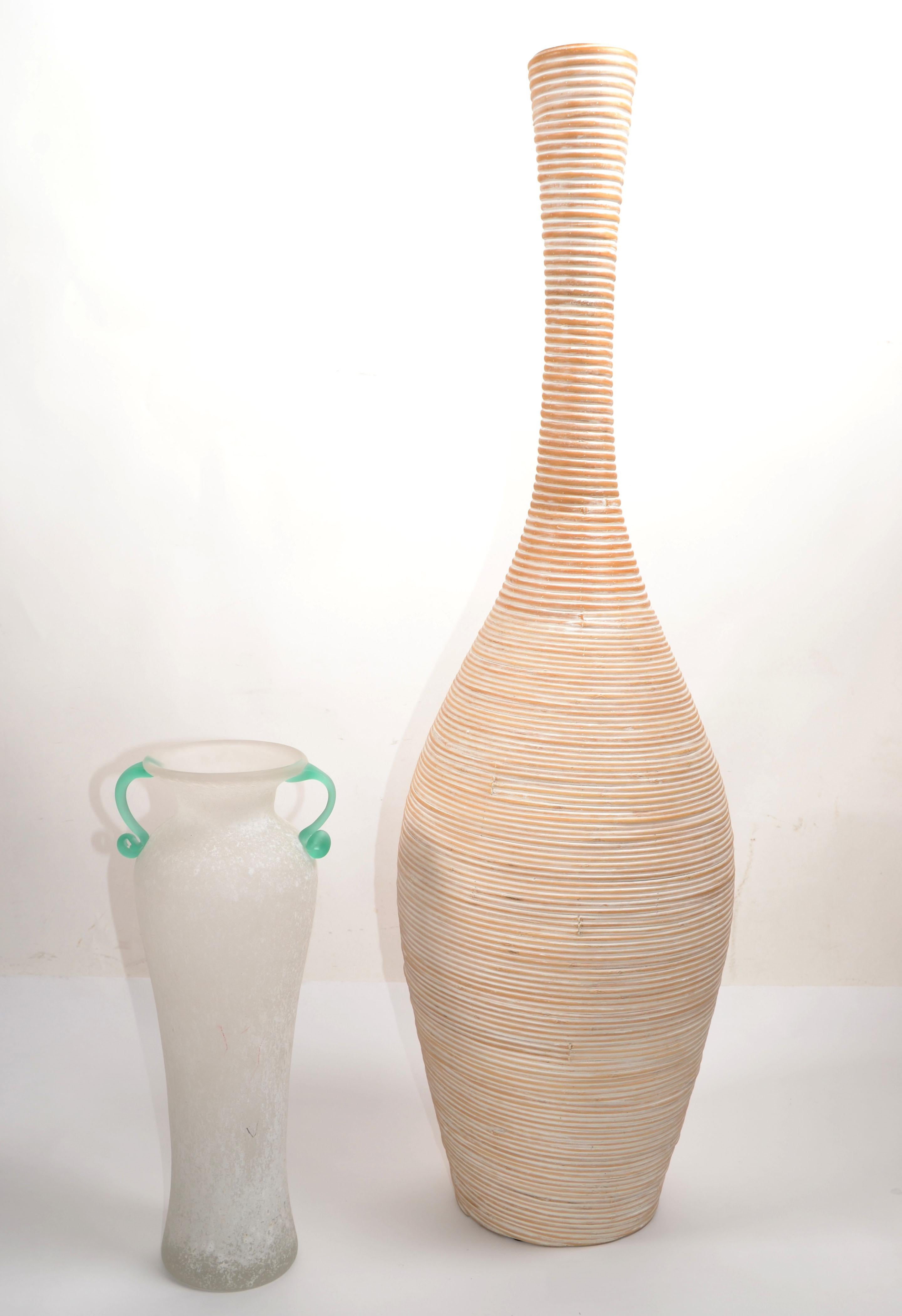 Bohemian Tall Whitewash Reed Home Decor Floor Vase Wooden 40 In Rustic Farmhouse Planter  For Sale
