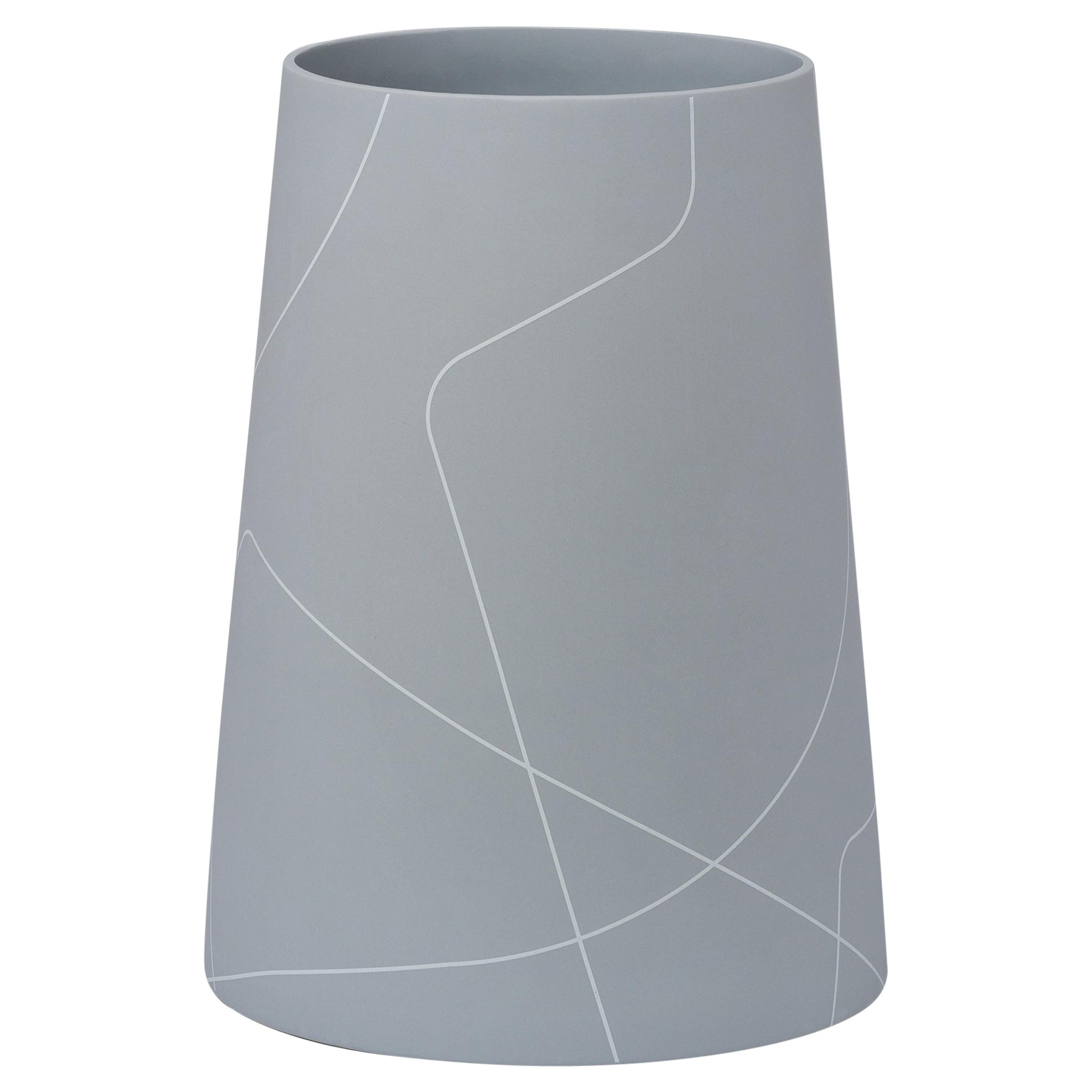 Tall Medium Grey Conical Ceramic Vase with Graphic Line Pattern