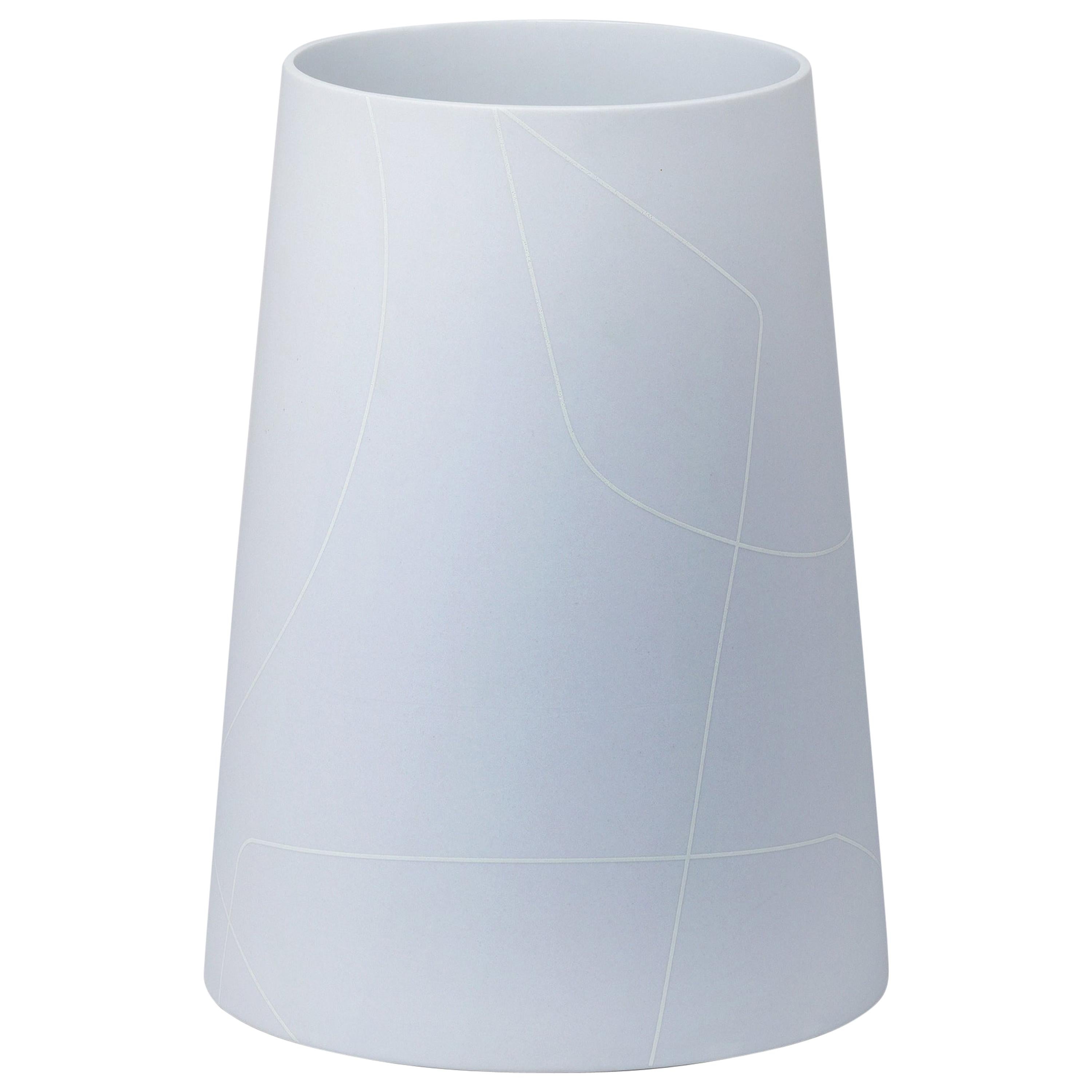 Tall Light Grey Conical Ceramic Vase with Graphic Line Pattern For Sale