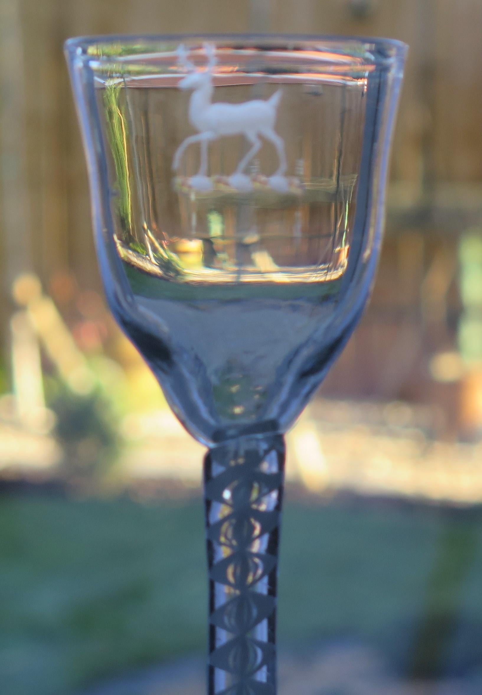 George III 18thC Georgian Wine Drinking Glass Engraved Stag Bowl Cotton Twist Stem, Ca 1760