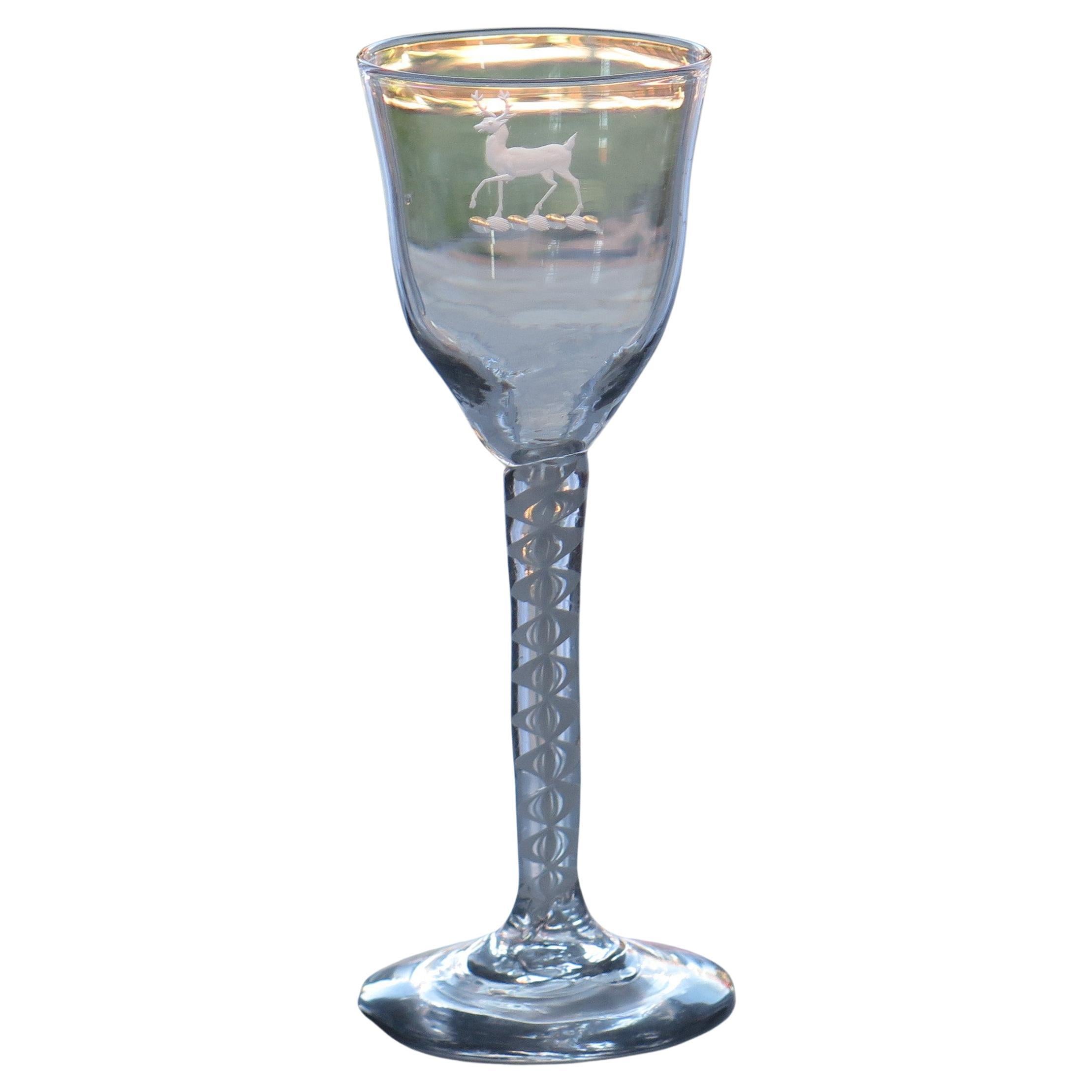 18thC Georgian Wine Drinking Glass Engraved Stag Bowl Cotton Twist Stem, Ca 1760