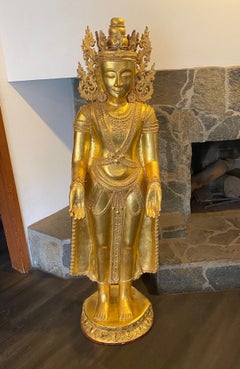 Tall Wood and Gilt Southeast Asian Burmese Burma Standing Temple Shrine Buddha