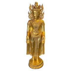 Tall Wood and Gilt Southeast Asian Burmese Burma Standing Temple Shrine Buddha