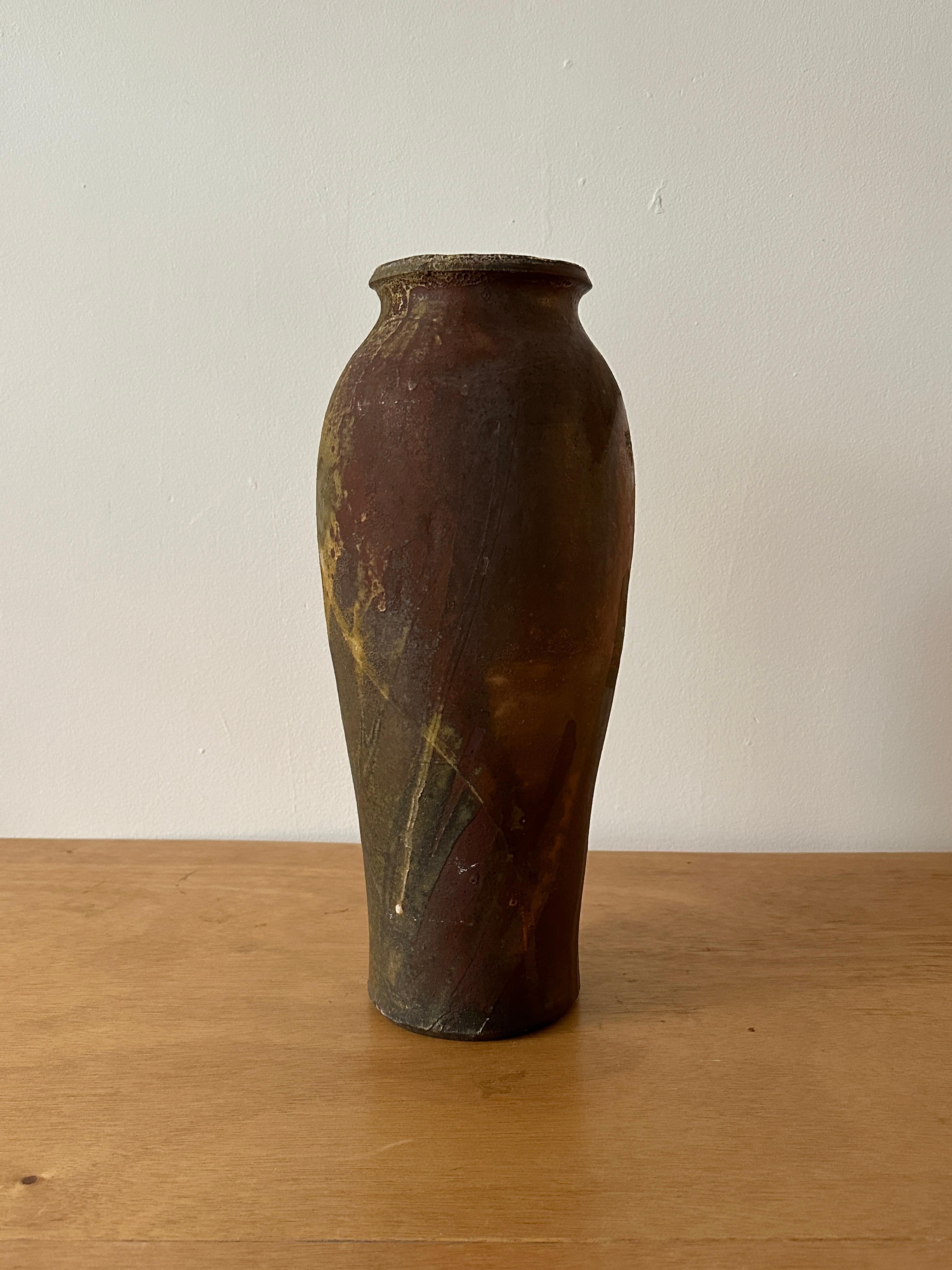 English Tall Wood-Fired Ceramic Vase For Sale