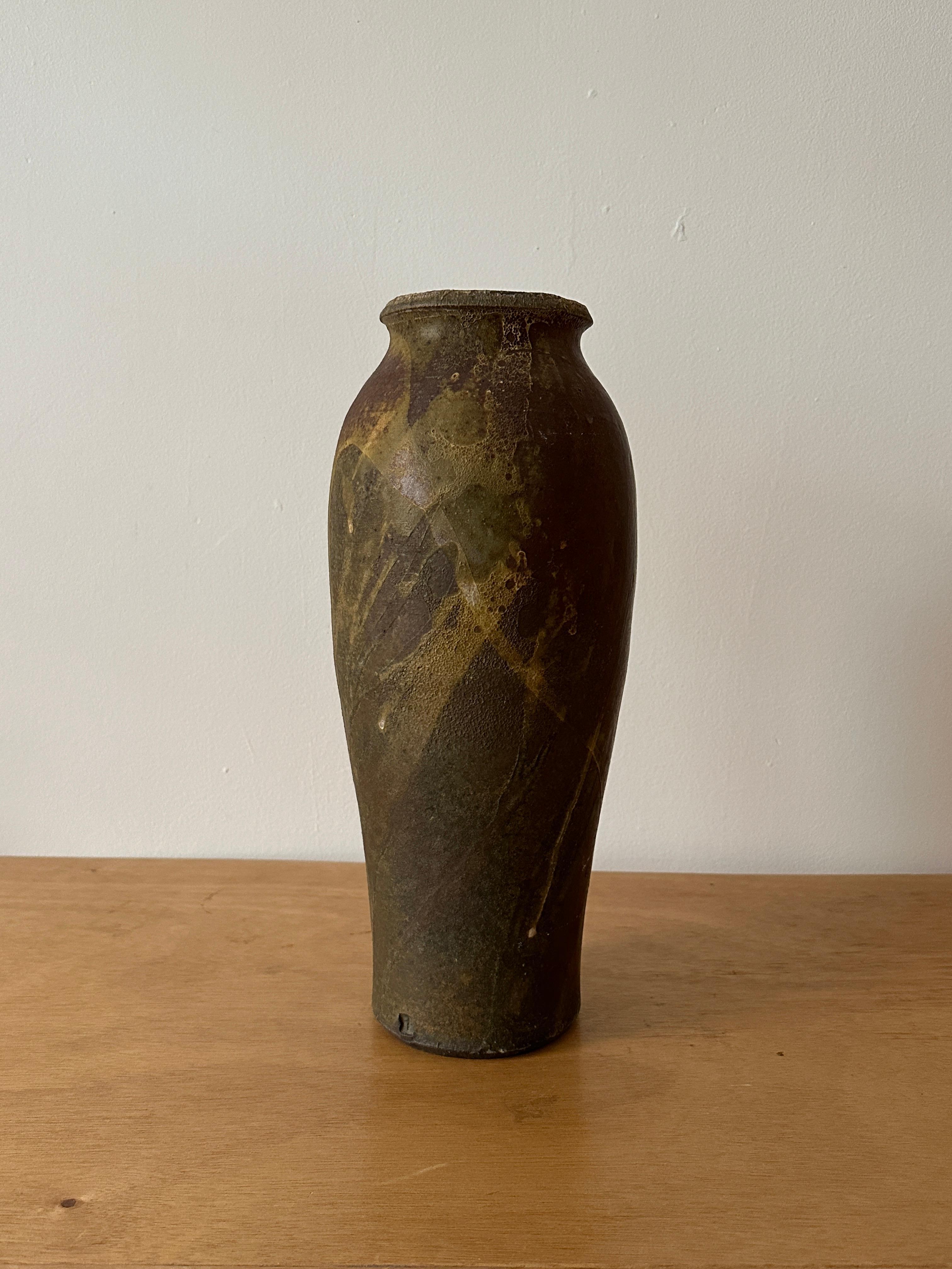 Glazed Tall Wood-Fired Ceramic Vase For Sale