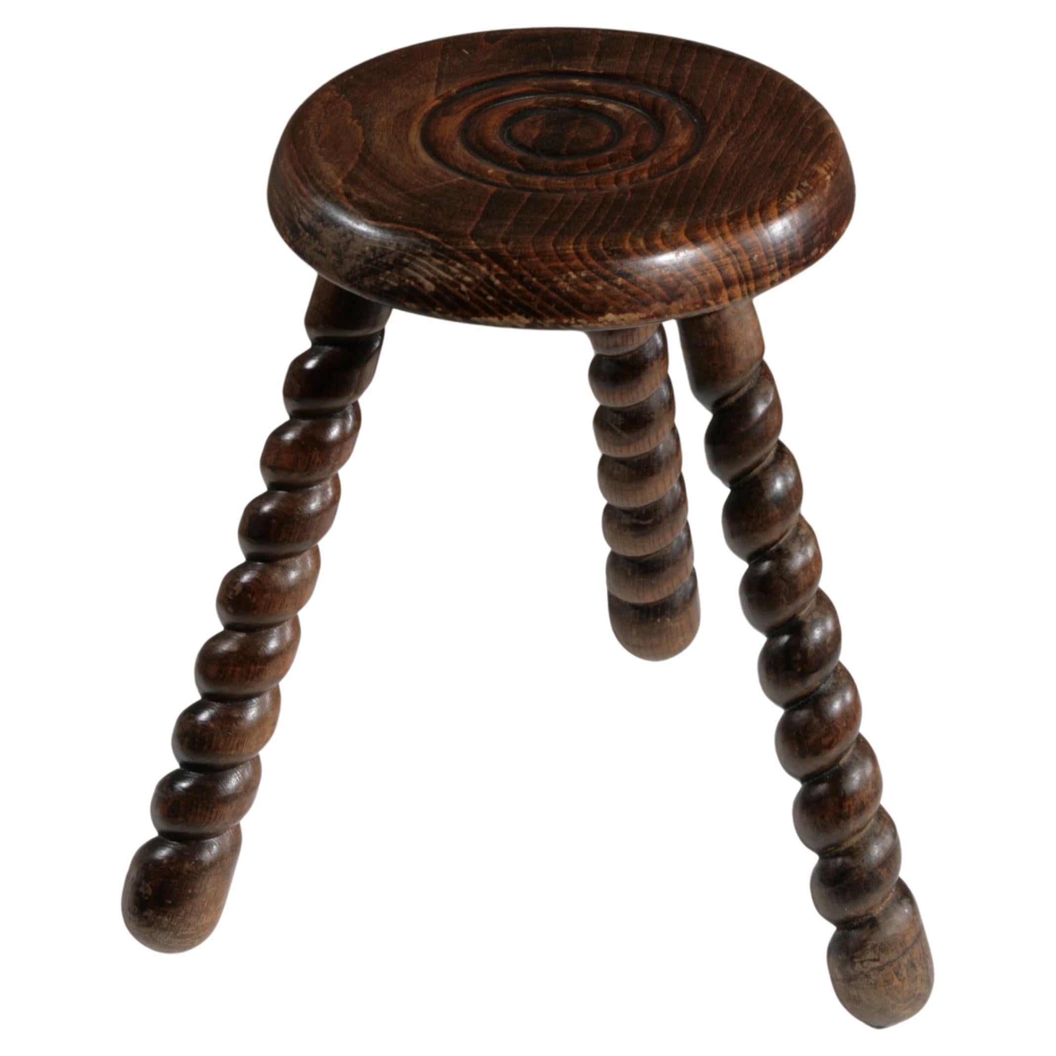 Tall Wood Tripod Stool, France ca 1950 For Sale