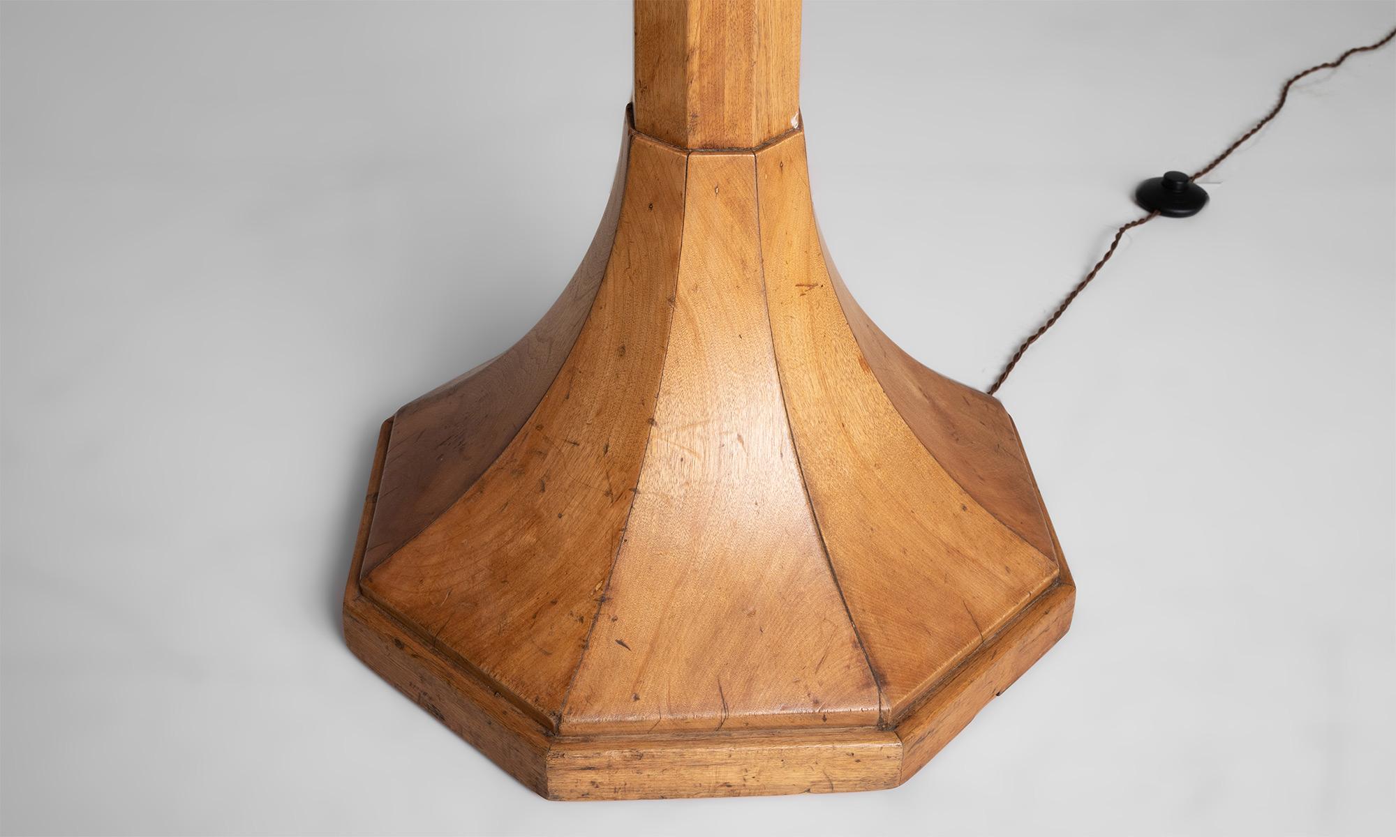 Linen Tall Wooden Floor Lamps, England, circa 1950