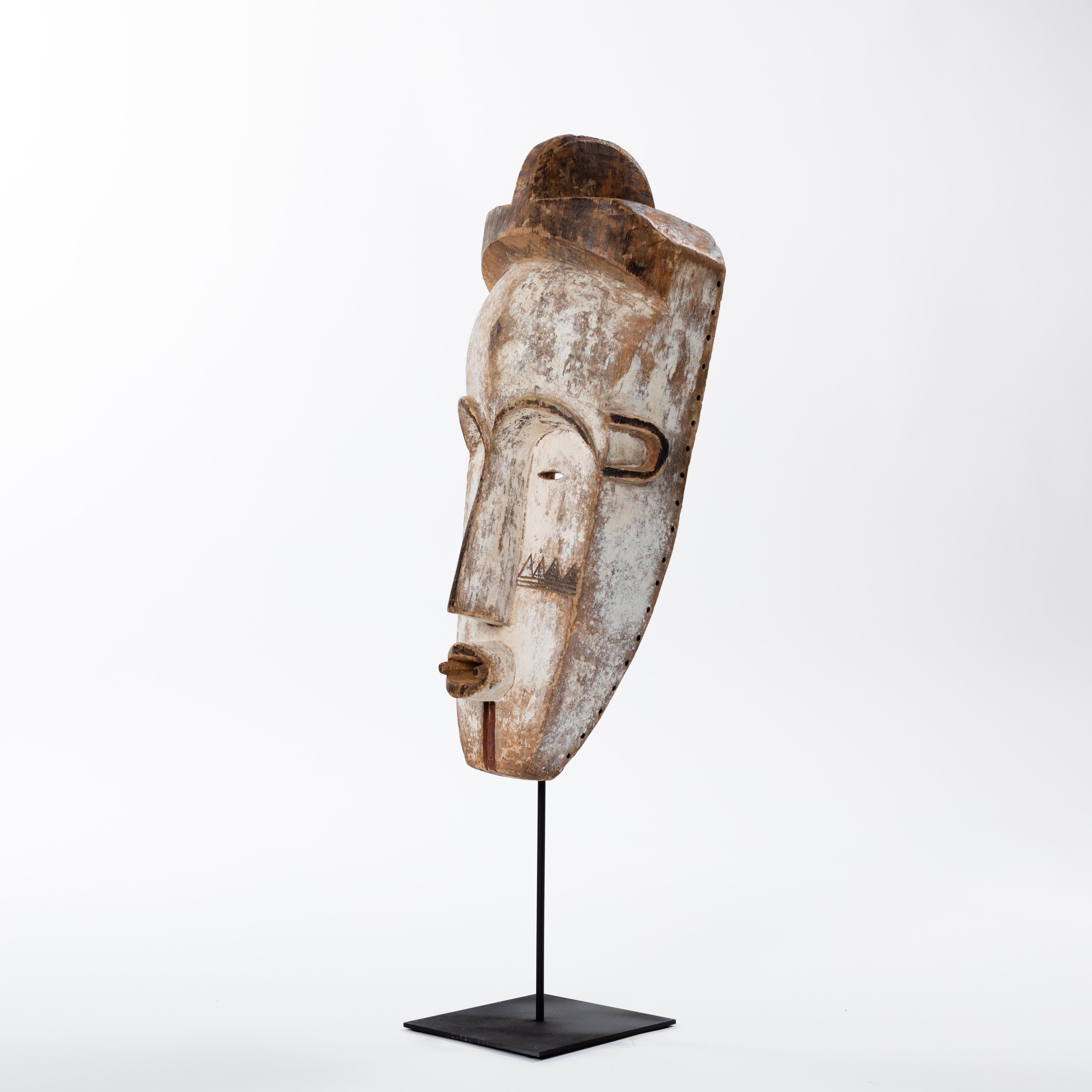 Tall Wooden Tribal Fang Mask of Ngil Brown, Creme and Red Colored Gabon 1970s For Sale 2