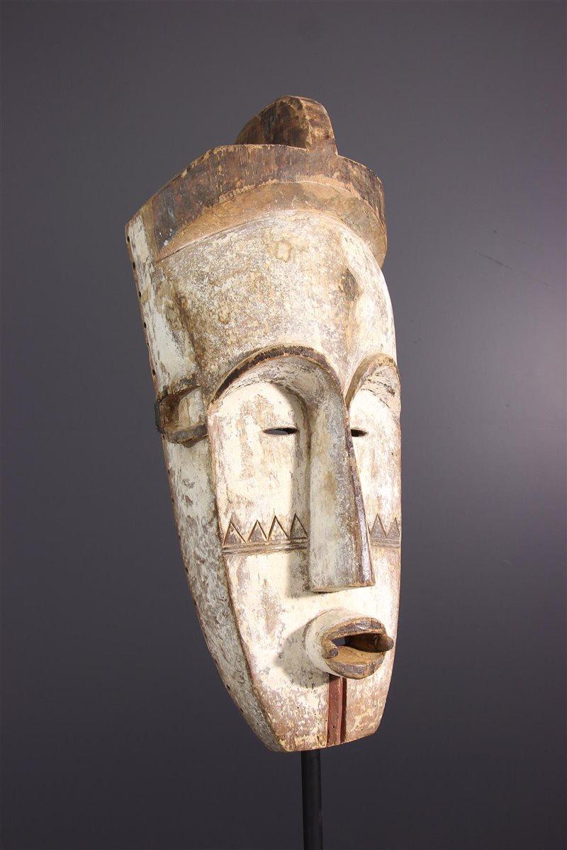 Hand-Carved Tall Wooden Tribal Fang Mask of Ngil Brown, Creme and Red Colored Gabon 1970s For Sale