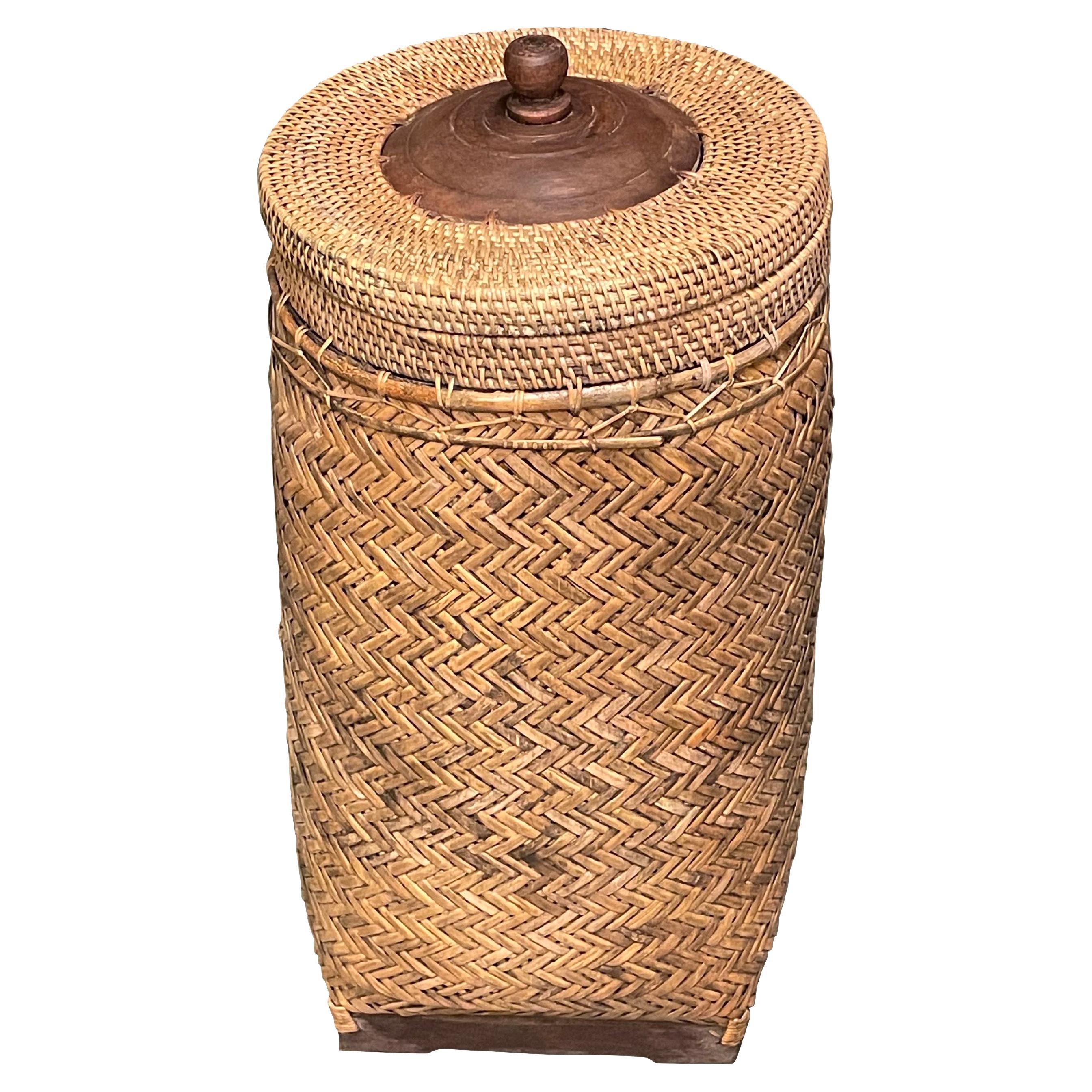 Tall Woven Wicker Lidded Basket, Indonesia, Contemporary