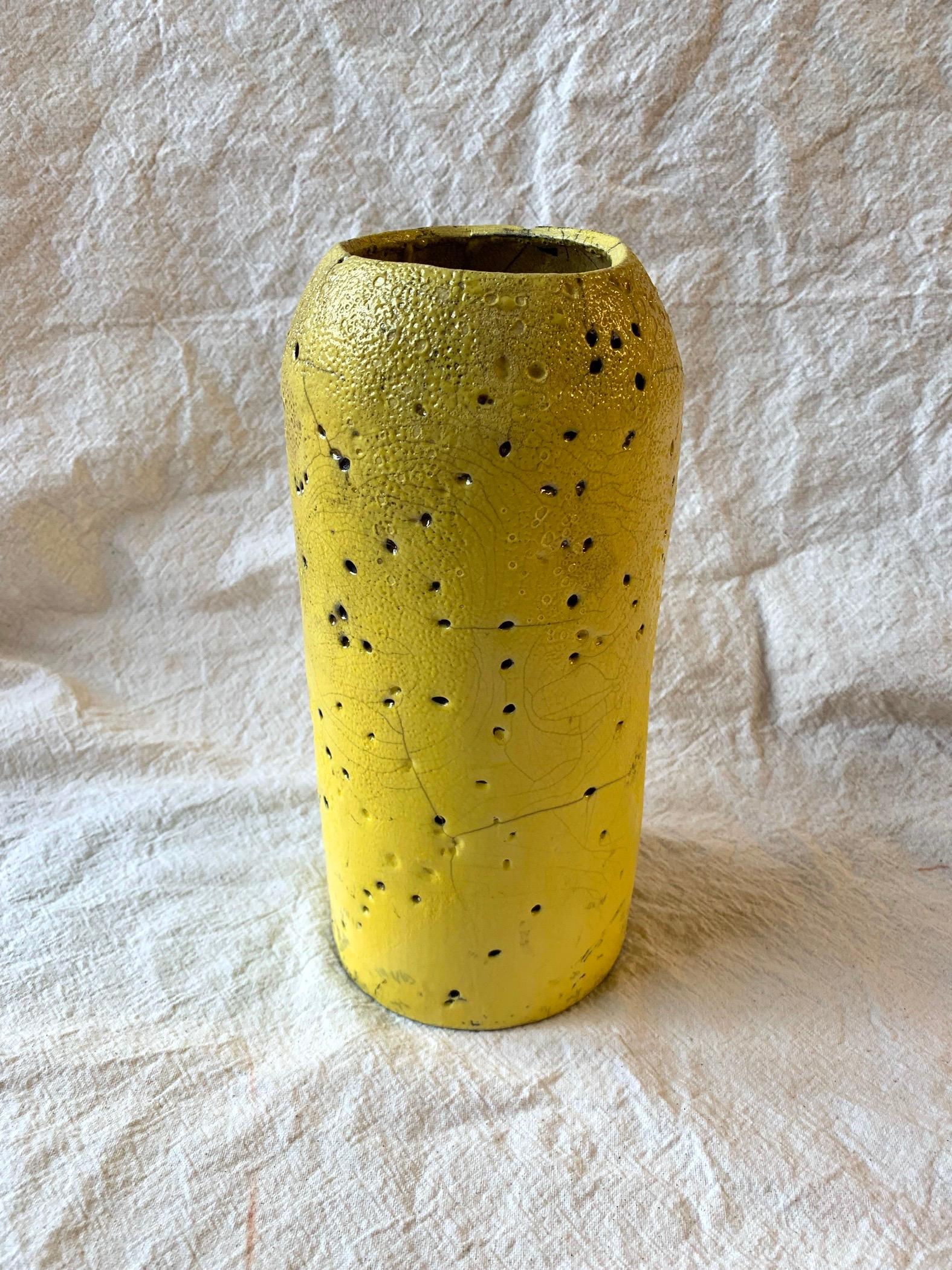 This is a hand-built (slab-constructed) stoneware vase made in Brooklyn and Raku-fired in New Jersey. The texture is the result of the building and firing: coriander seeds were impressed onto the fresh clay to create a pitted surface, and the glaze