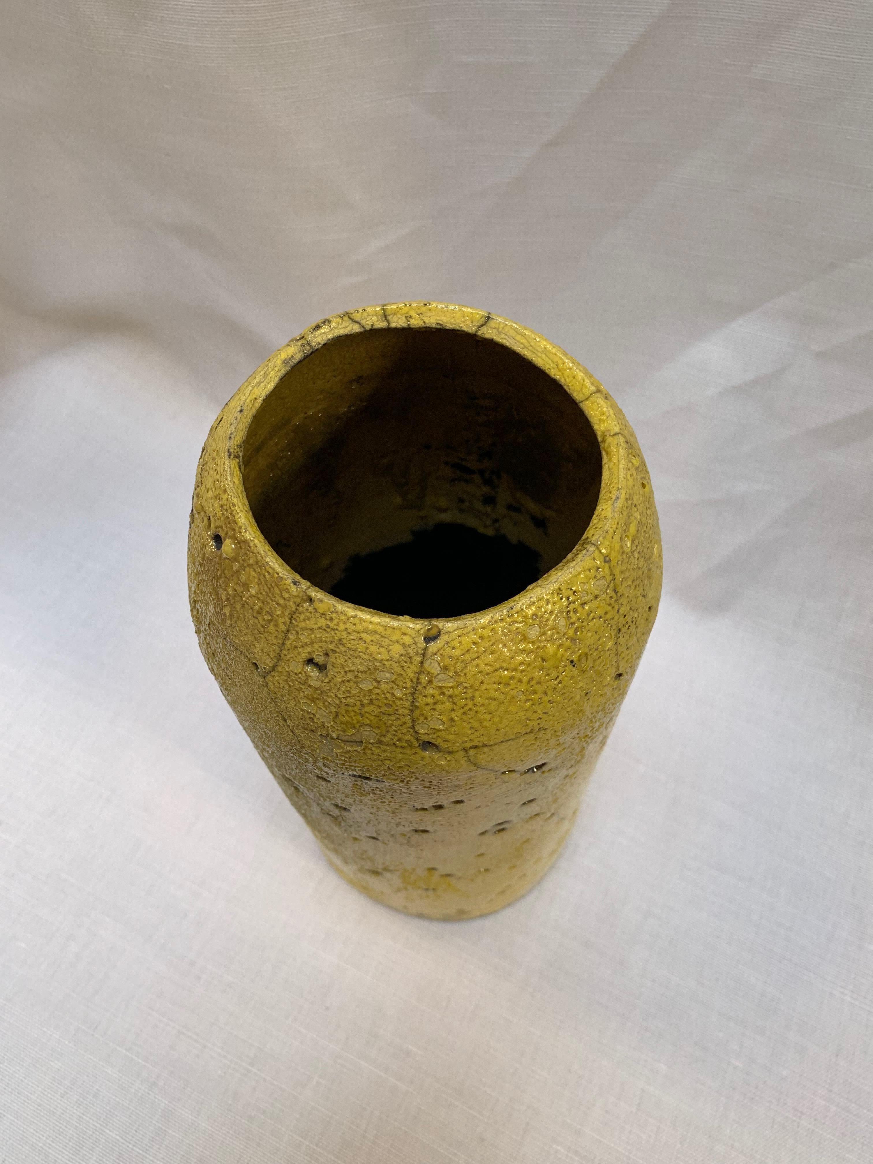 American Tall Yellow Ceramic Textured Cylindrical Vase, Hand-Built Raku Crackle Stoneware For Sale
