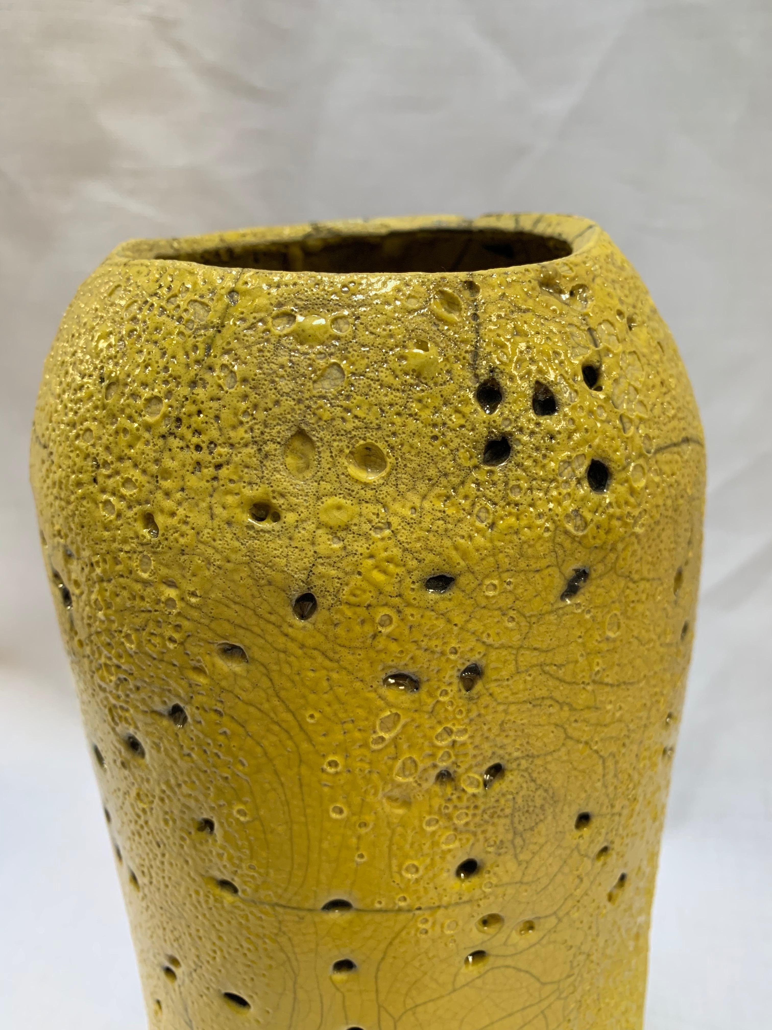 Glazed Tall Yellow Ceramic Textured Cylindrical Vase, Hand-Built Raku Crackle Stoneware For Sale