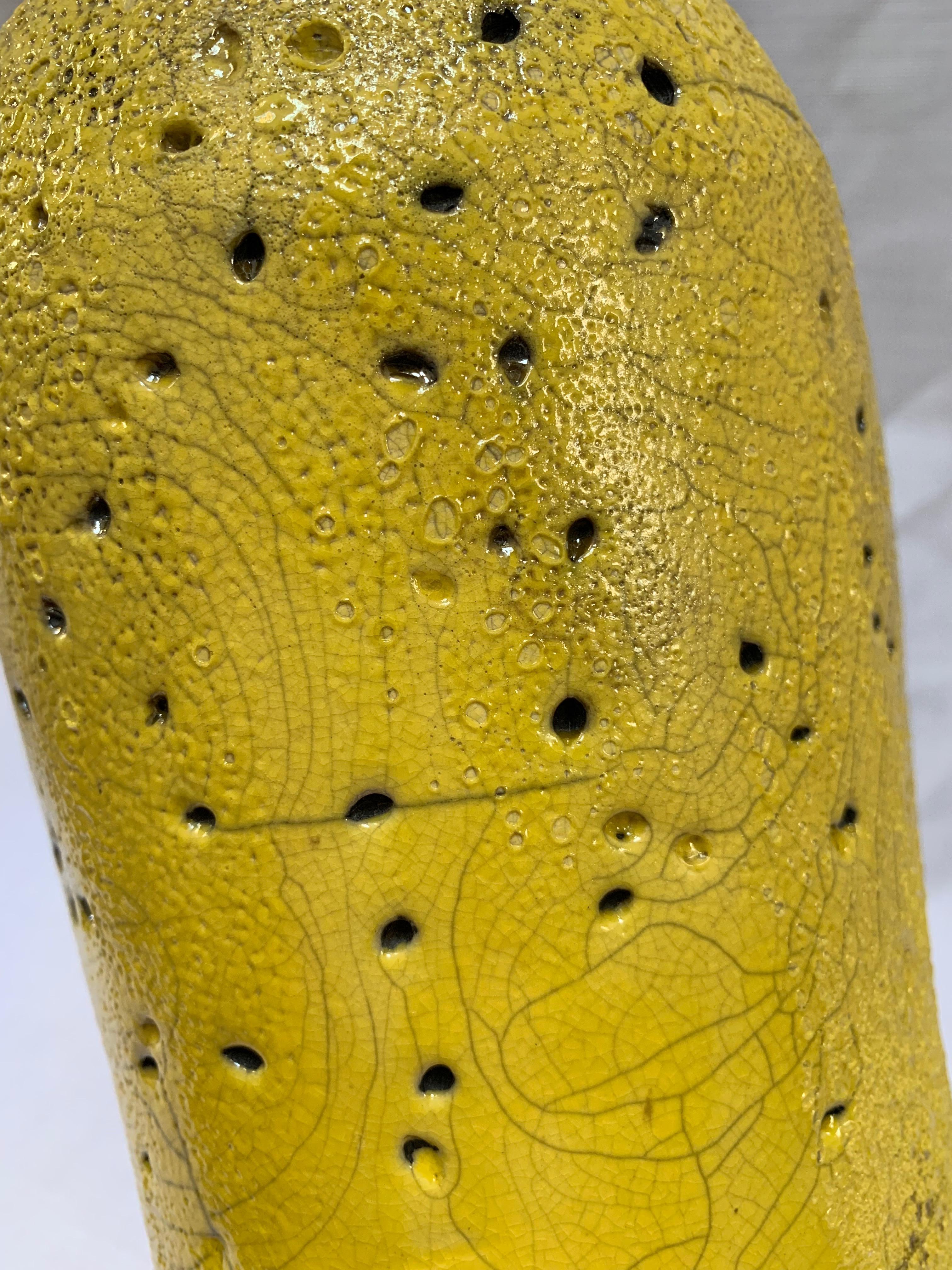 Tall Yellow Ceramic Textured Cylindrical Vase, Hand-Built Raku Crackle Stoneware In New Condition For Sale In Brooklyn, NY