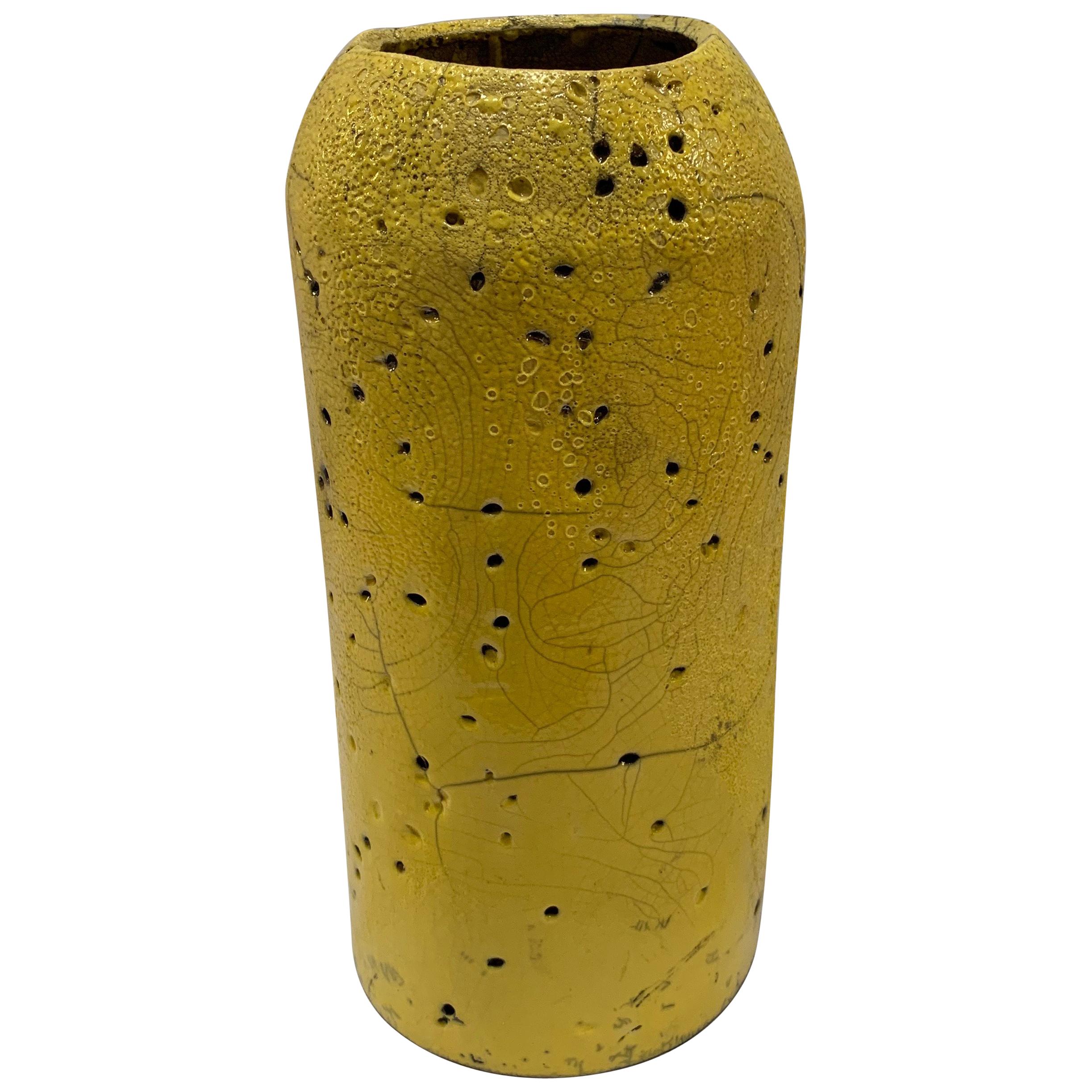 Tall Yellow Ceramic Textured Cylindrical Vase, Hand-Built Raku Crackle Stoneware For Sale
