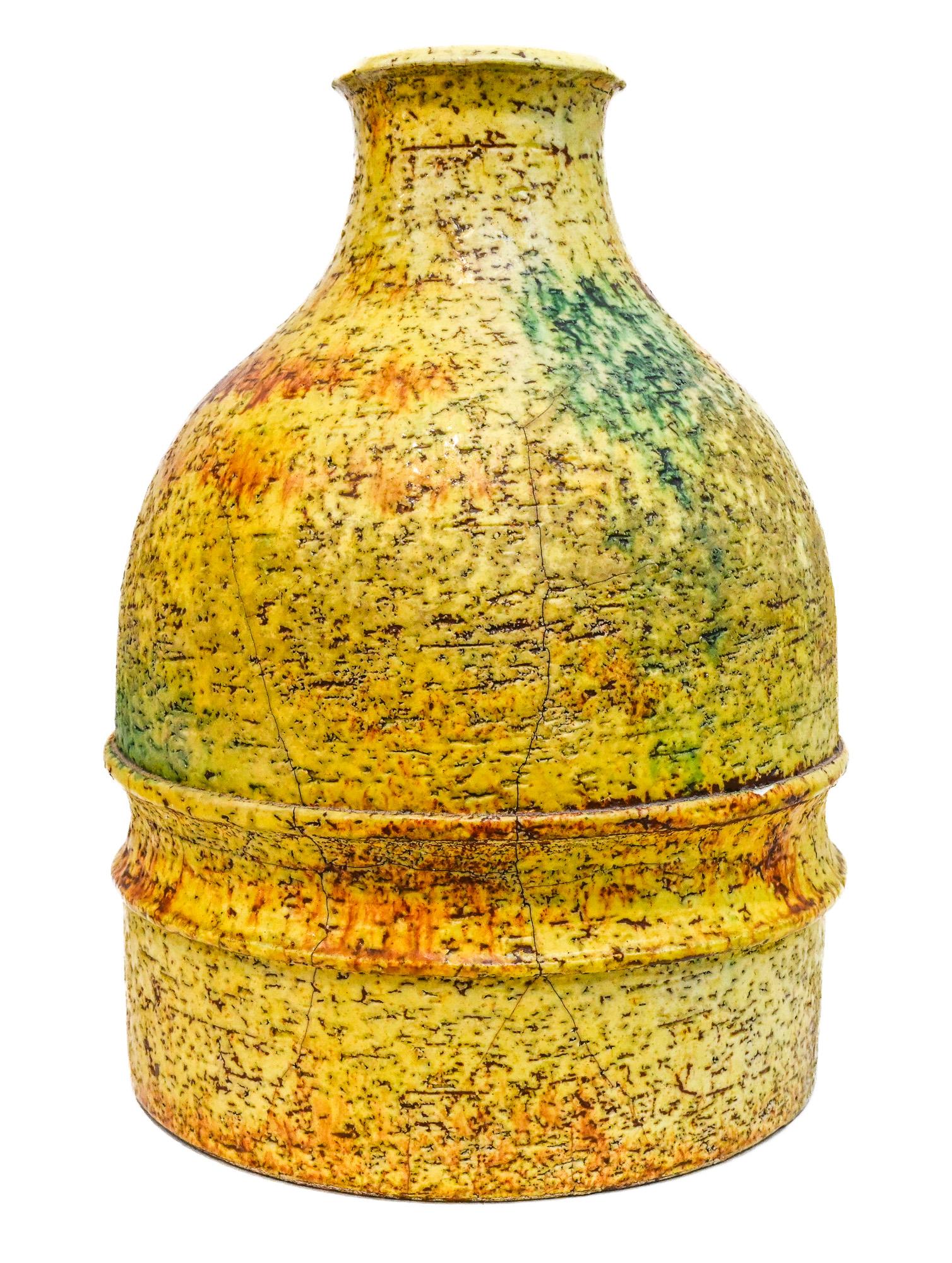 Ceramic Tall yellow round vase by Marcello Fantoni Italy
