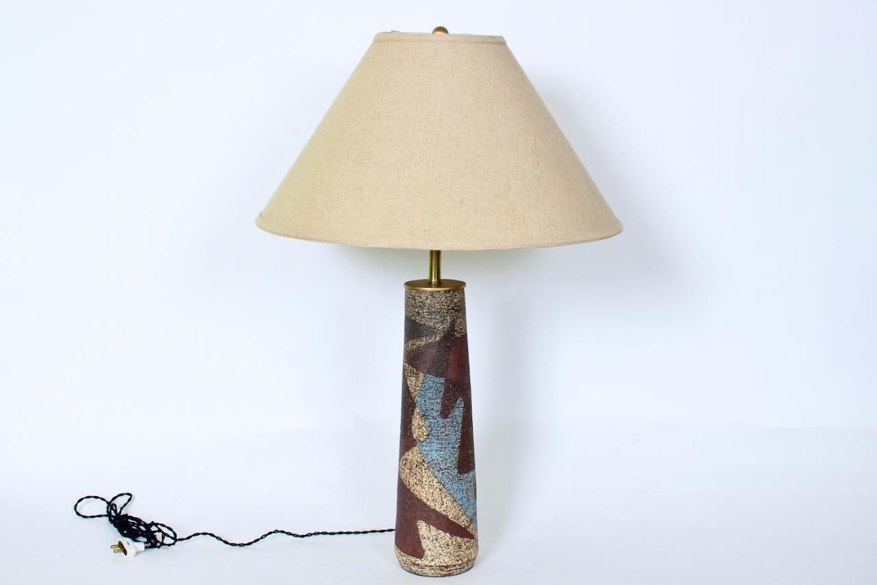 Mid-Century Modern Tall Zaalberg Pottery Blue & Brown Palette Glazed Pottery Table Lamp, 1950's For Sale