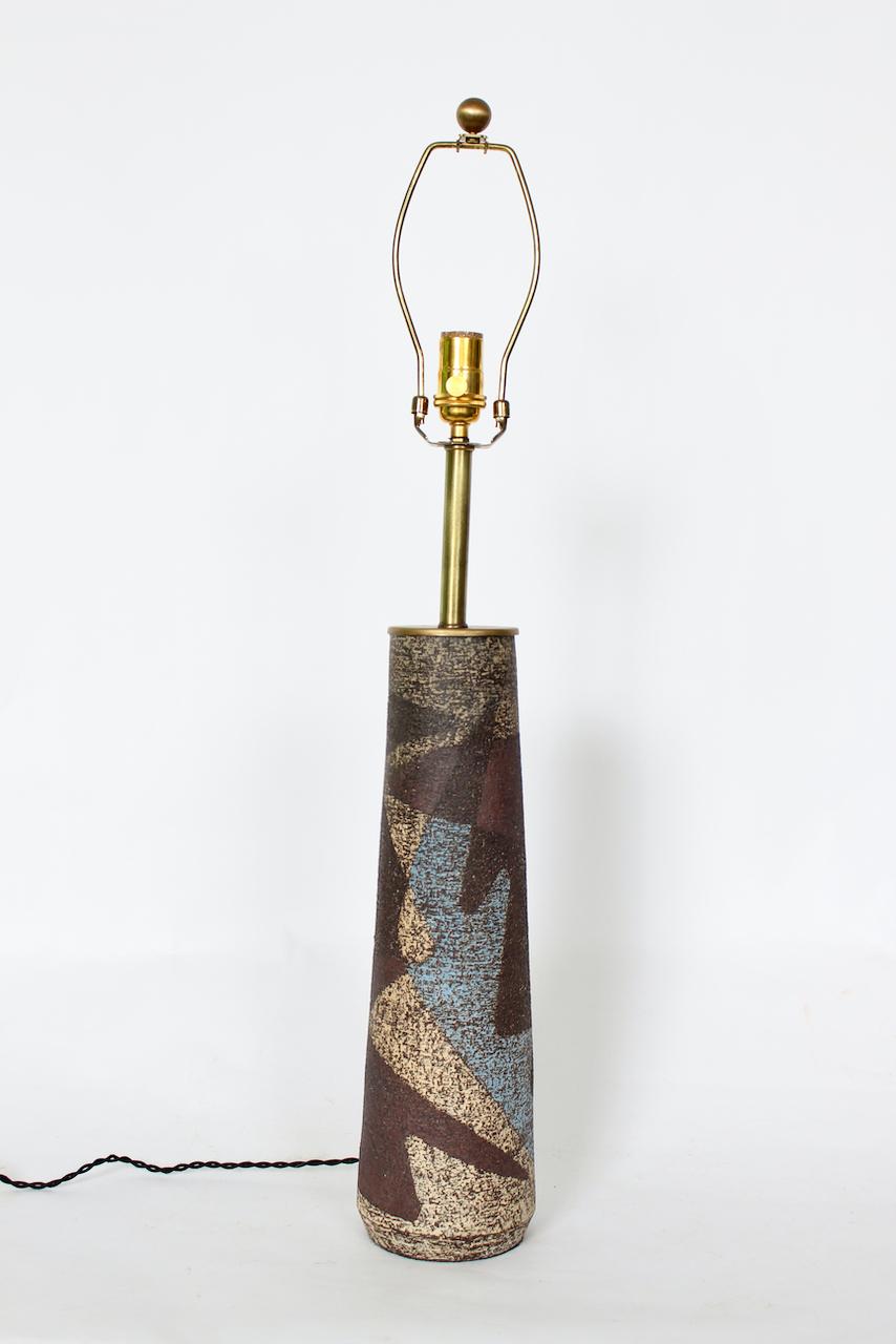 Plated Tall Zaalberg Pottery Blue & Brown Palette Glazed Pottery Table Lamp, 1950's For Sale