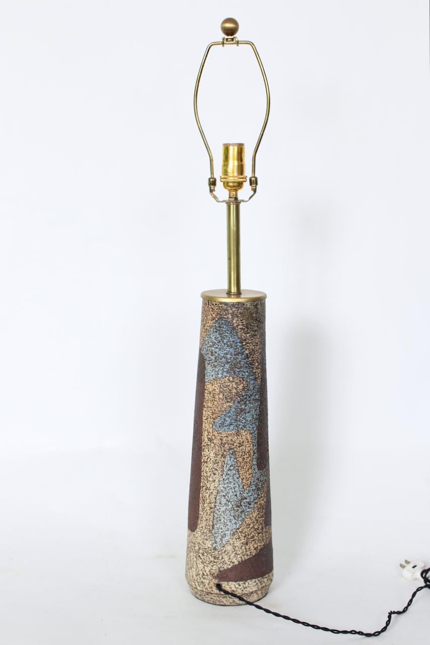 Tall Zaalberg Pottery Blue & Brown Palette Glazed Pottery Table Lamp, 1950's In Good Condition For Sale In Bainbridge, NY