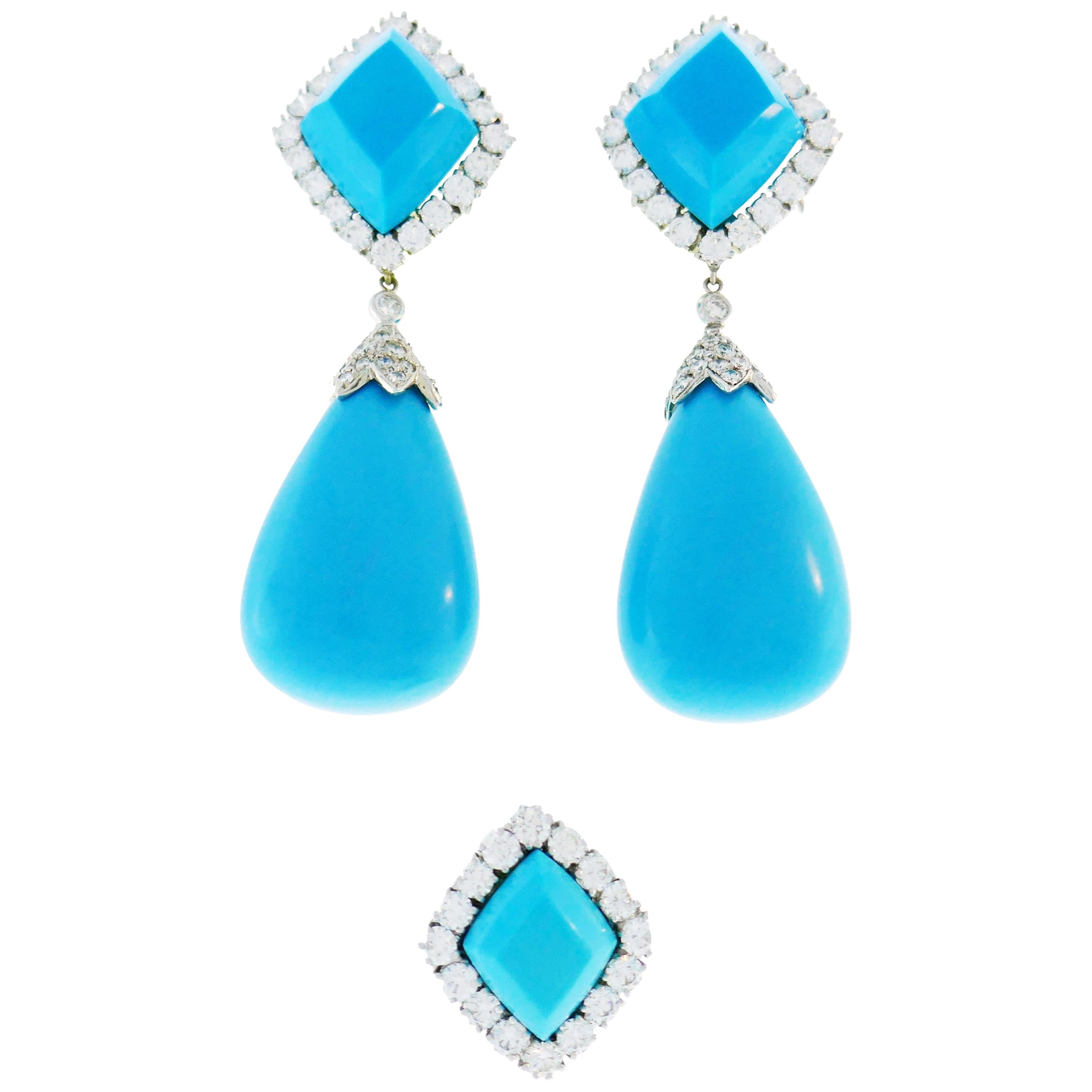 Tallarico Turquoise Diamond White Gold Earrings Ring Set Day and Night