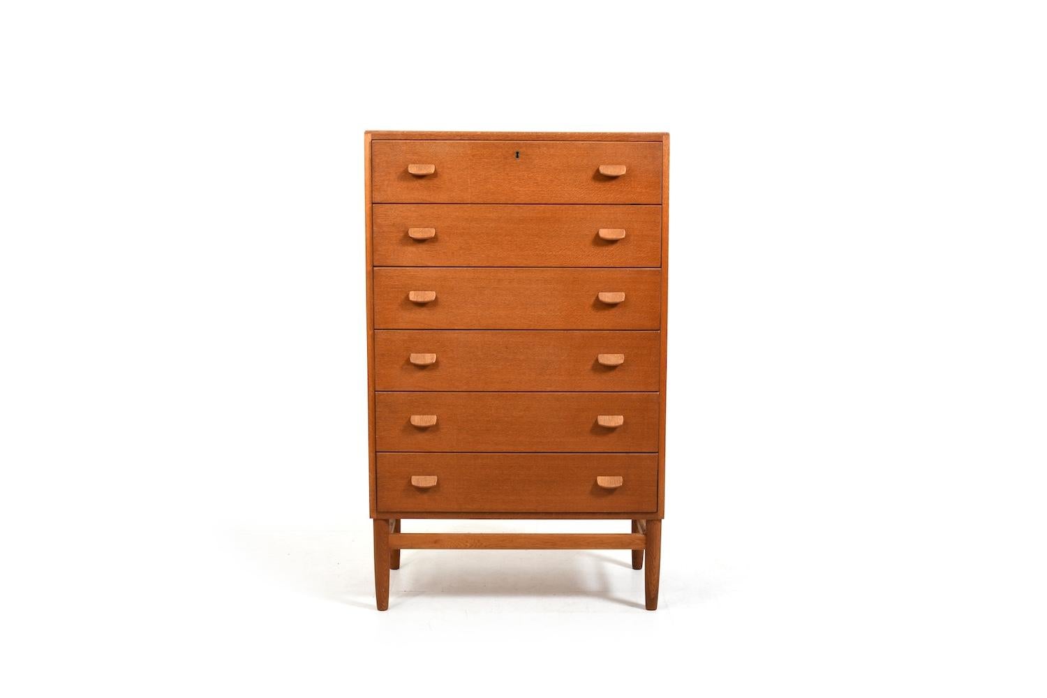 Tallboy chest of drawers in oak by Poul M. Volther for FDB Møbler 1950s. Model F-17. Front with 6 drawers.