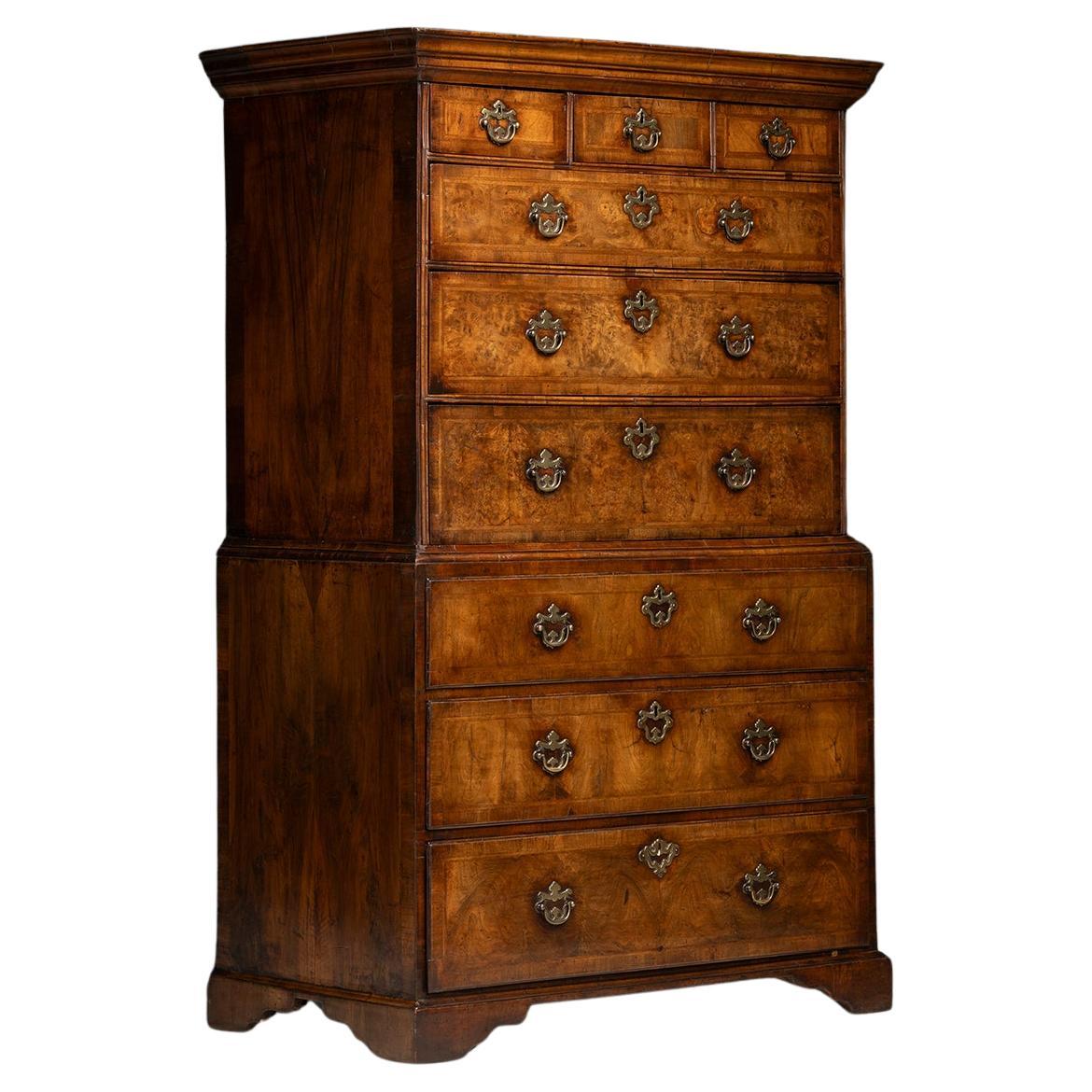 Tallboy Walnut Burl Chest, England 1760 For Sale