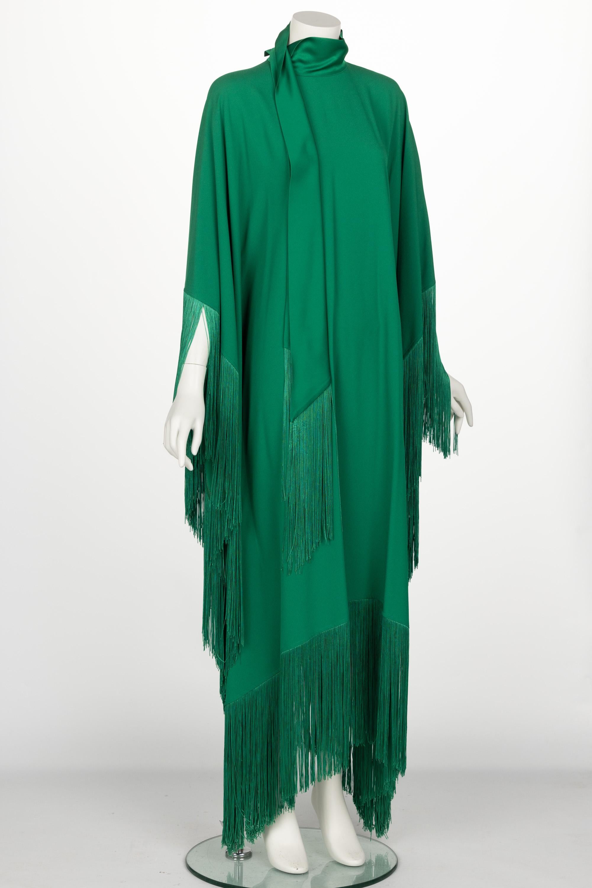 Taller Marmo Green Fringed Crepe Kaftan Dress 2022 In Excellent Condition In Boca Raton, FL