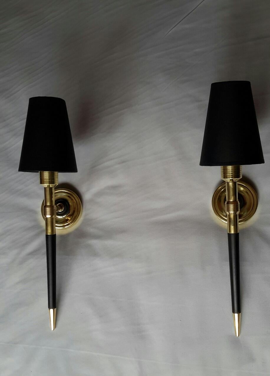French Taller Neoclassical Gilt Bronze and Black Sconces, Maison Lancel, France, 1960
