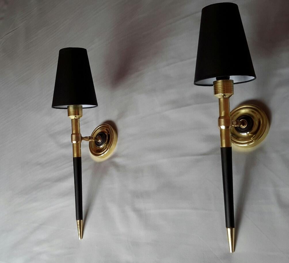 Taller Neoclassical Gilt Bronze and Black Sconces, Maison Lancel, France, 1960 In Good Condition For Sale In Paris, FR