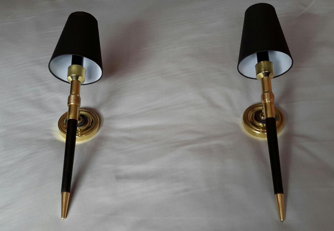 Mid-20th Century Taller Neoclassical Gilt Bronze and Black Sconces, Maison Lancel, France, 1960 For Sale