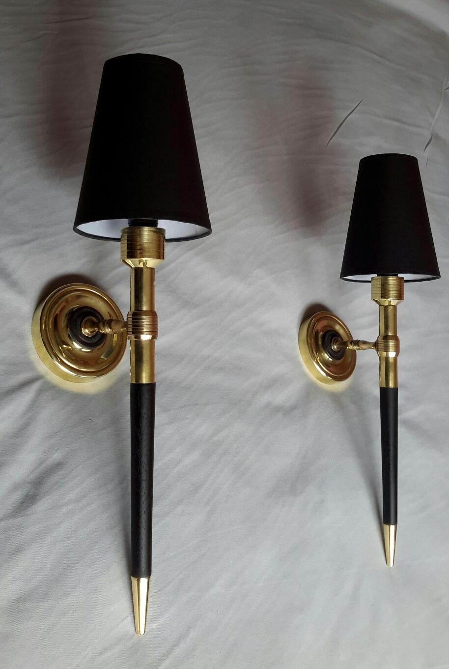 Wood Taller Neoclassical Gilt Bronze and Black Sconces, Maison Lancel, France, 1960 For Sale