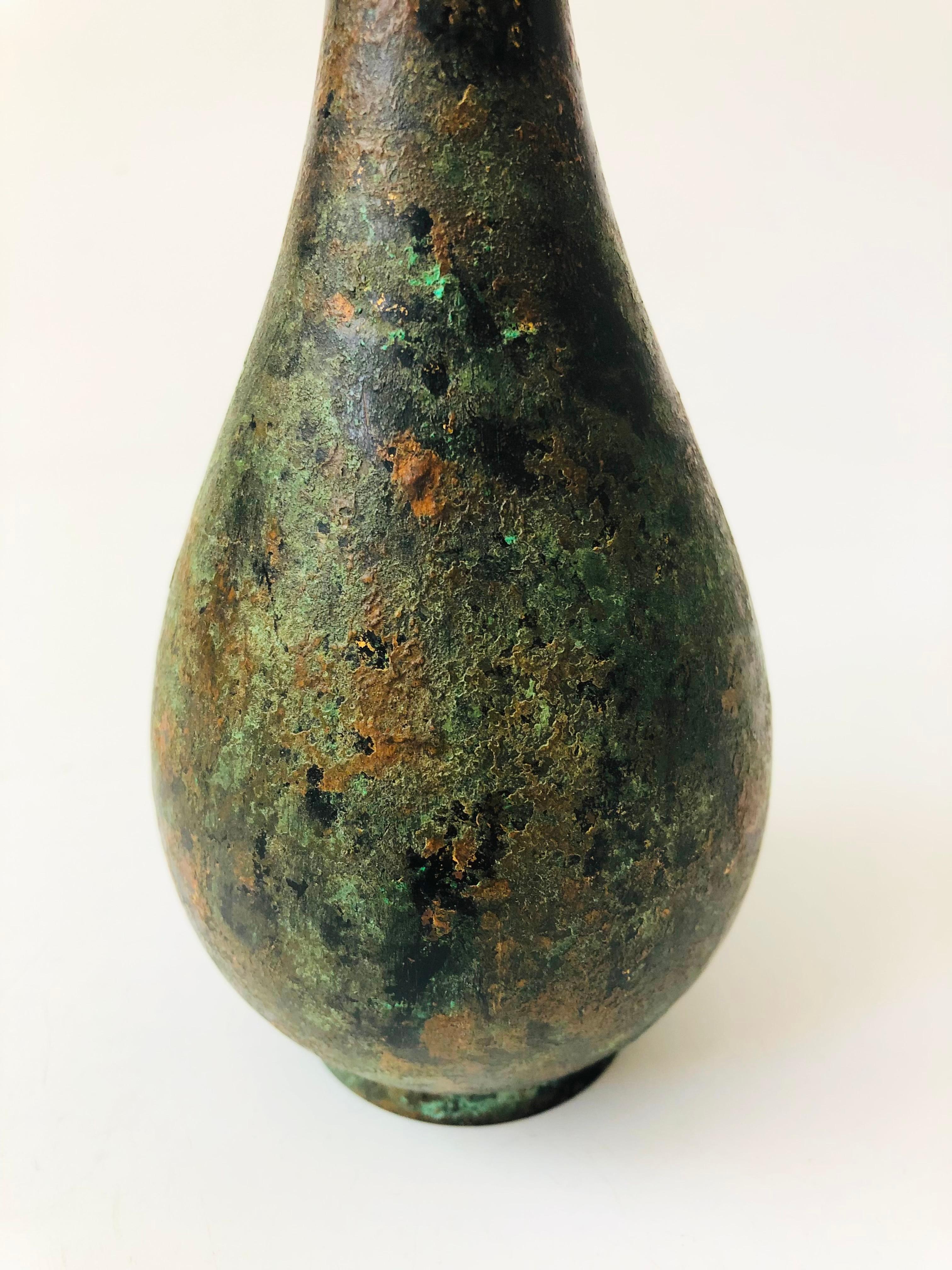 Japanese Taller Takaoka Doki Verdigris Bronze Patinated Vase - Japan