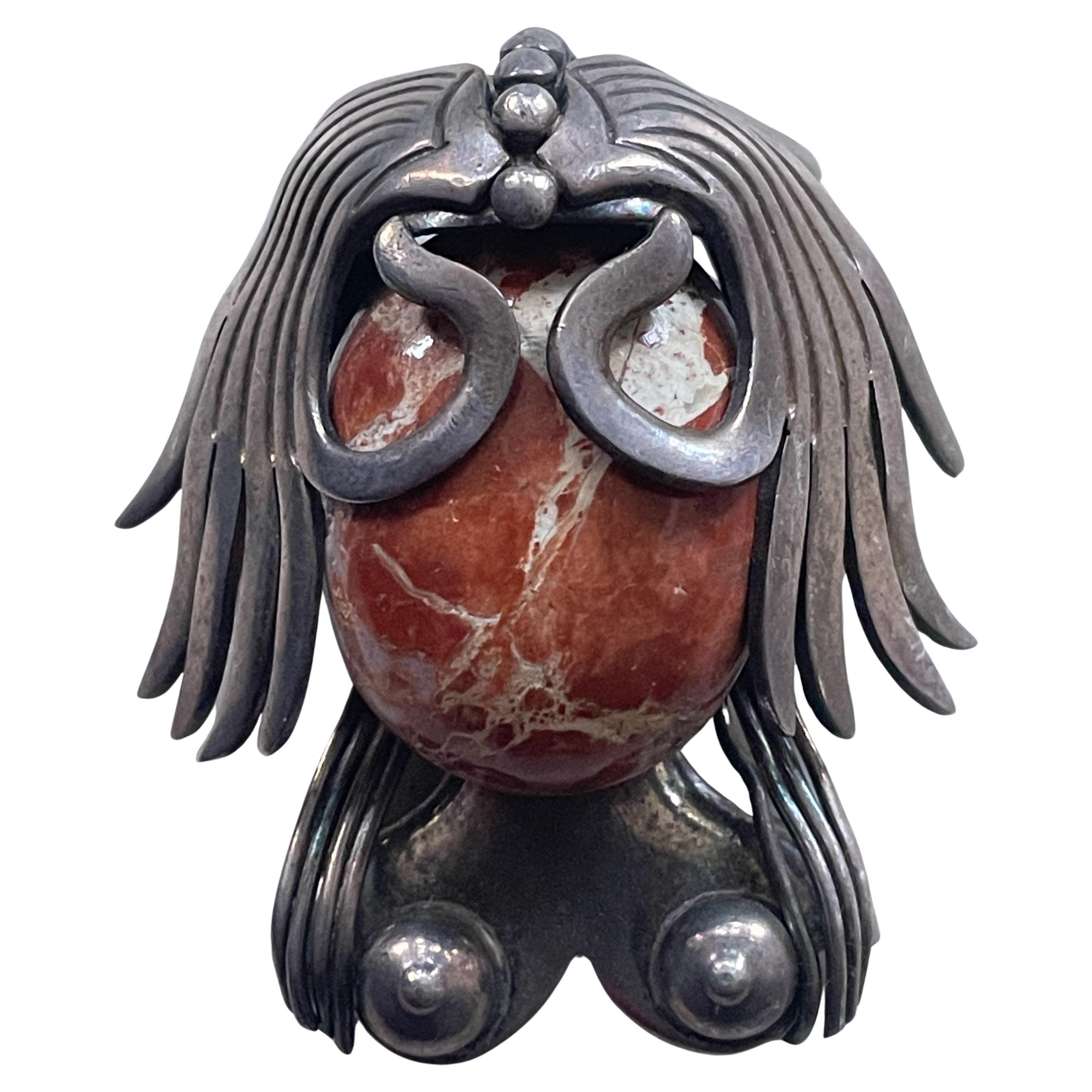 Broche de plata de ley 925 y cabujón de piedra de Talleres Los Ballesteros, México siglo XX en venta