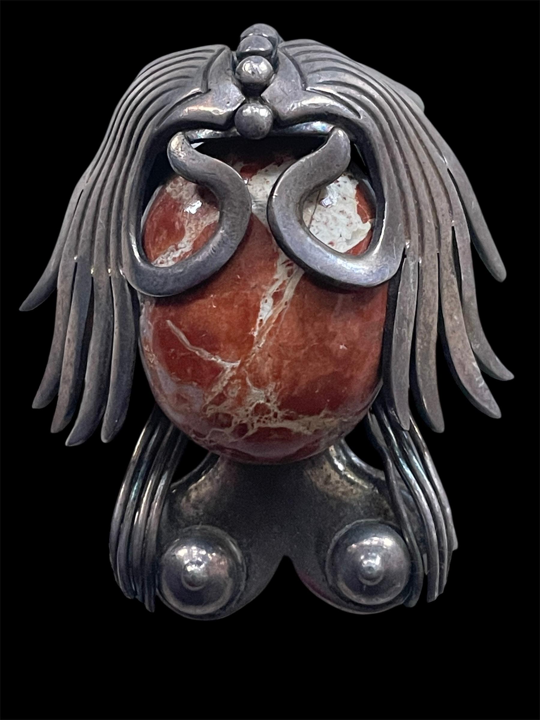 Broche de plata de ley 925 y cabujón de piedra de Talleres Los Ballesteros, México en venta 1