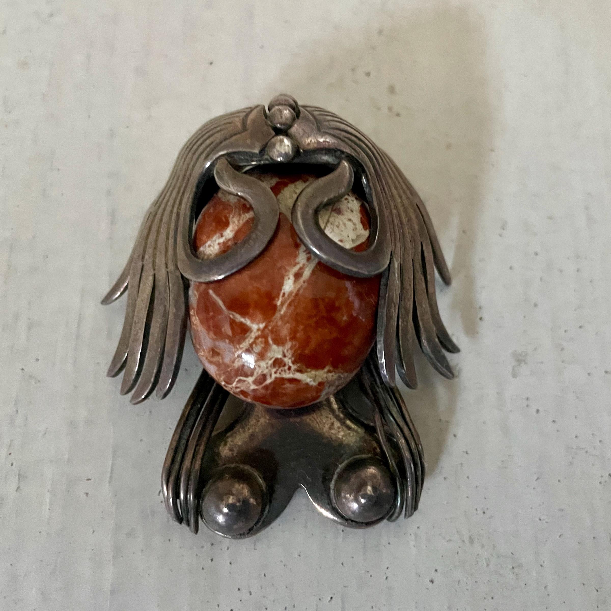 Broche de plata de ley 925 y cabujón de piedra de Talleres Los Ballesteros, México en venta 2