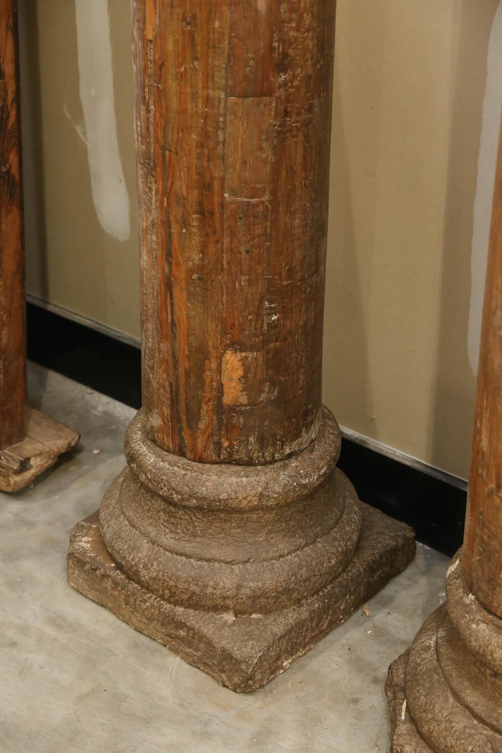 These are museum quality mid-19th century load bearing columns from a central Indian luxury settlet's home. Tallest vintage wooden columns that can be found in the market. How these columns were made to such great degree of perfection when wood