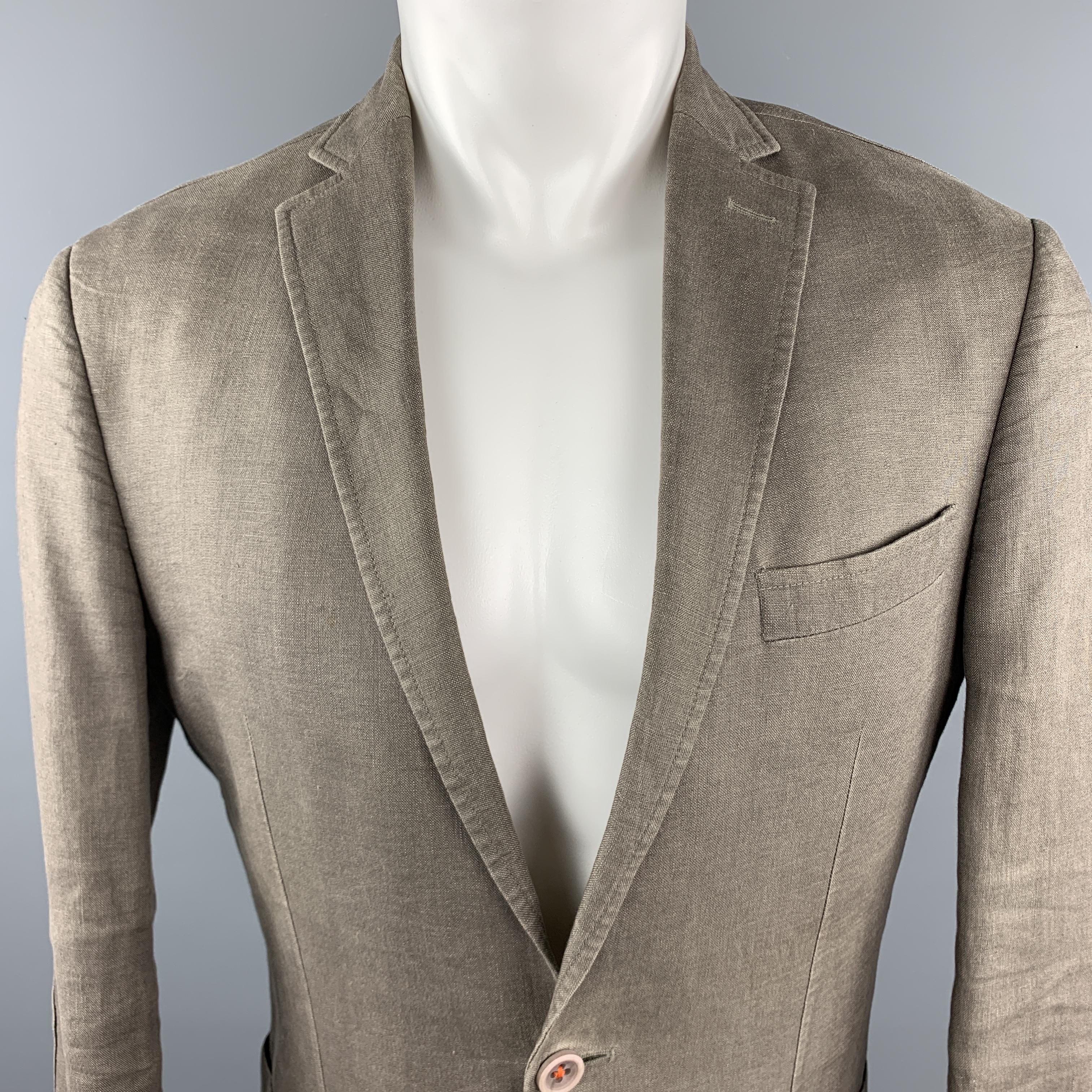TALLIA Sport Coat Jacket comes in a taupe tone in a solid linen material, with a notch lapel, slit and patch pockets, two buttons at closure, single breasted, elbow patches, buttoned cuffs, internal pockets, a double vent at back, unlined. Minor