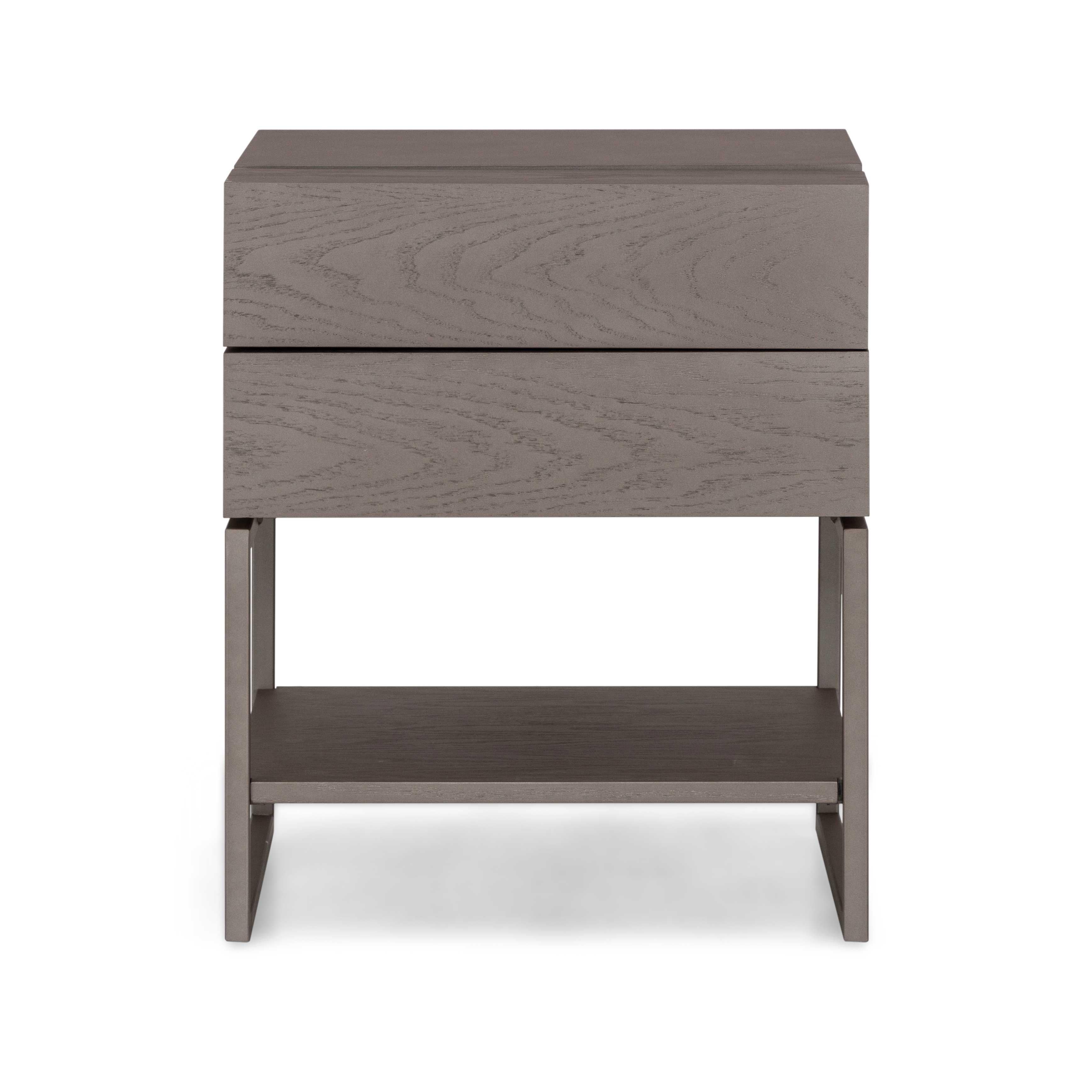 A Tallo bedside table designed by Uultis Studio in Chocolate oak finish with two drawers and metal frame. The Tallo bedside table, in a rich Chocolate oak finish, captures a harmonious blend of minimalist design and practical functionality. Designed